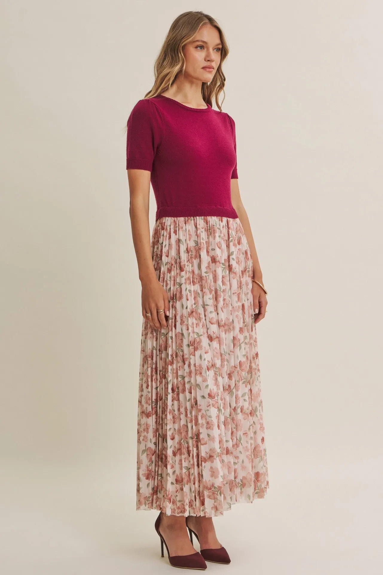 Burgundy Knit Top Pleated Floral Skirt Maxi Dress sold by Pinkblush product image thumbnail 3