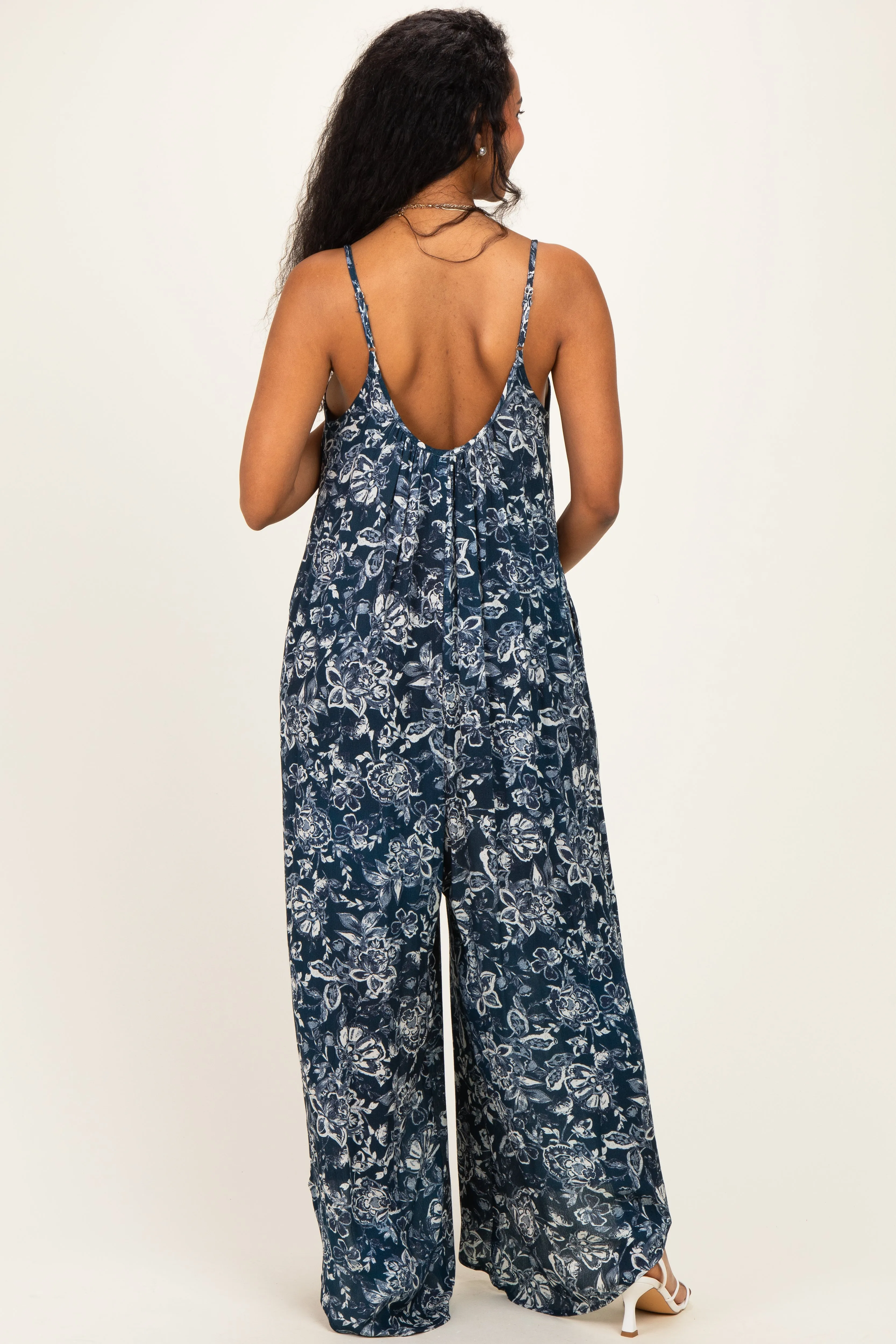 Navy Floral Beaded Wide Leg Maternity Jumpsuit sold by Pinkblush product image thumbnail 3