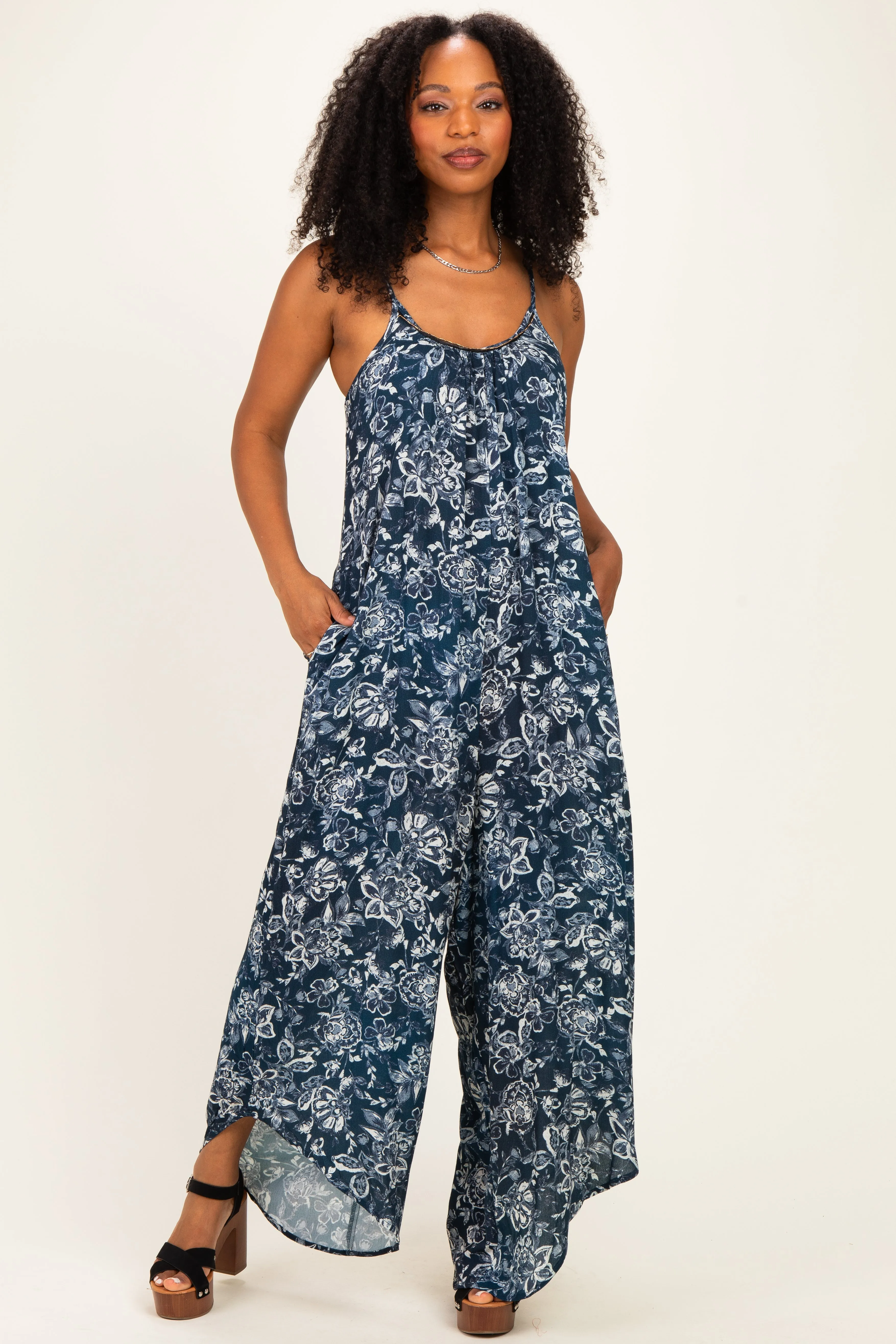 Navy Floral Beaded Wide Leg Maternity Jumpsuit sold by Pinkblush product image thumbnail 4