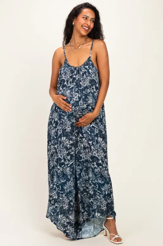 Navy Floral Beaded Wide Leg Maternity Jumpsuit made by Hem & Thread