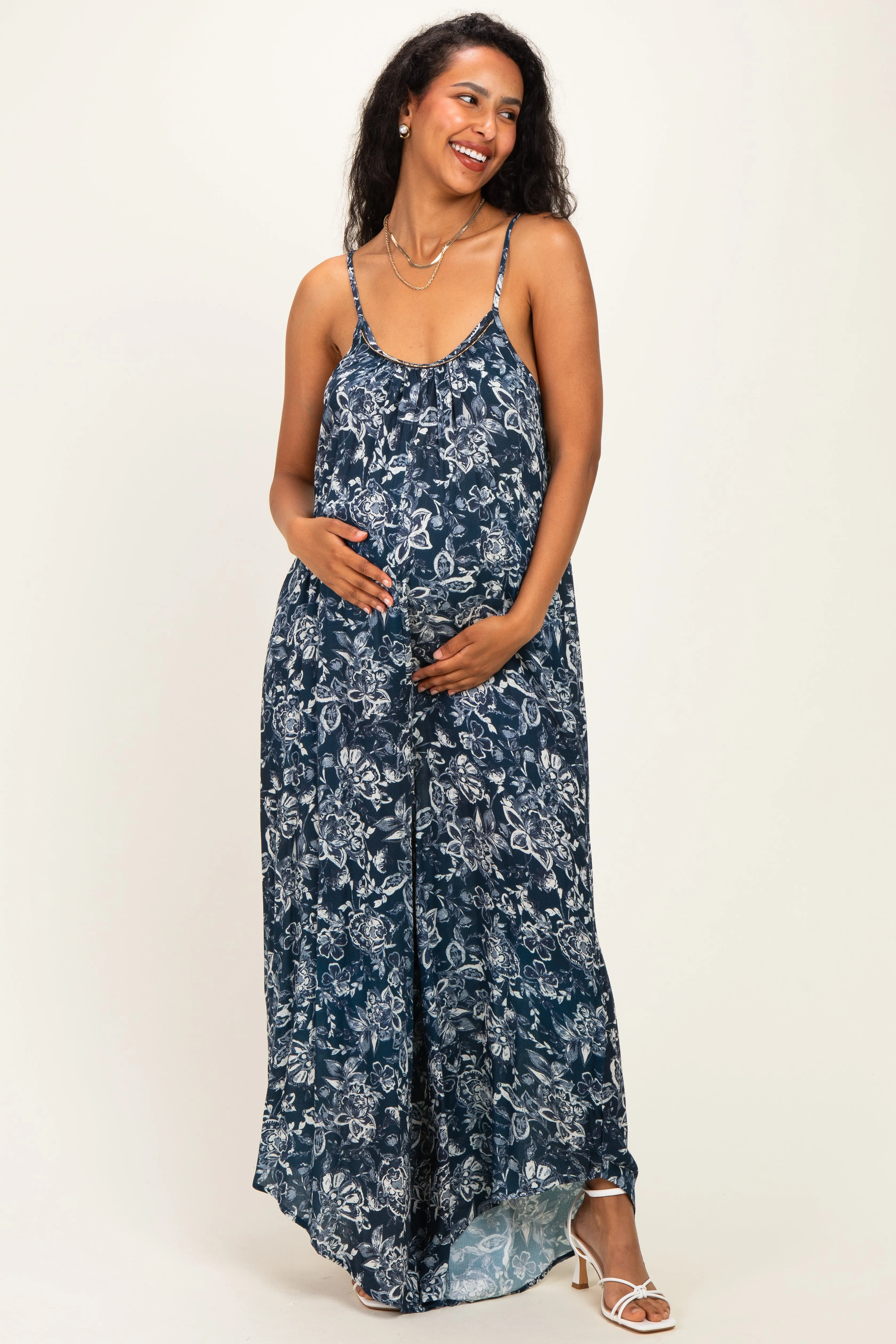 Navy Floral Beaded Wide Leg Maternity Jumpsuit sold by Pinkblush