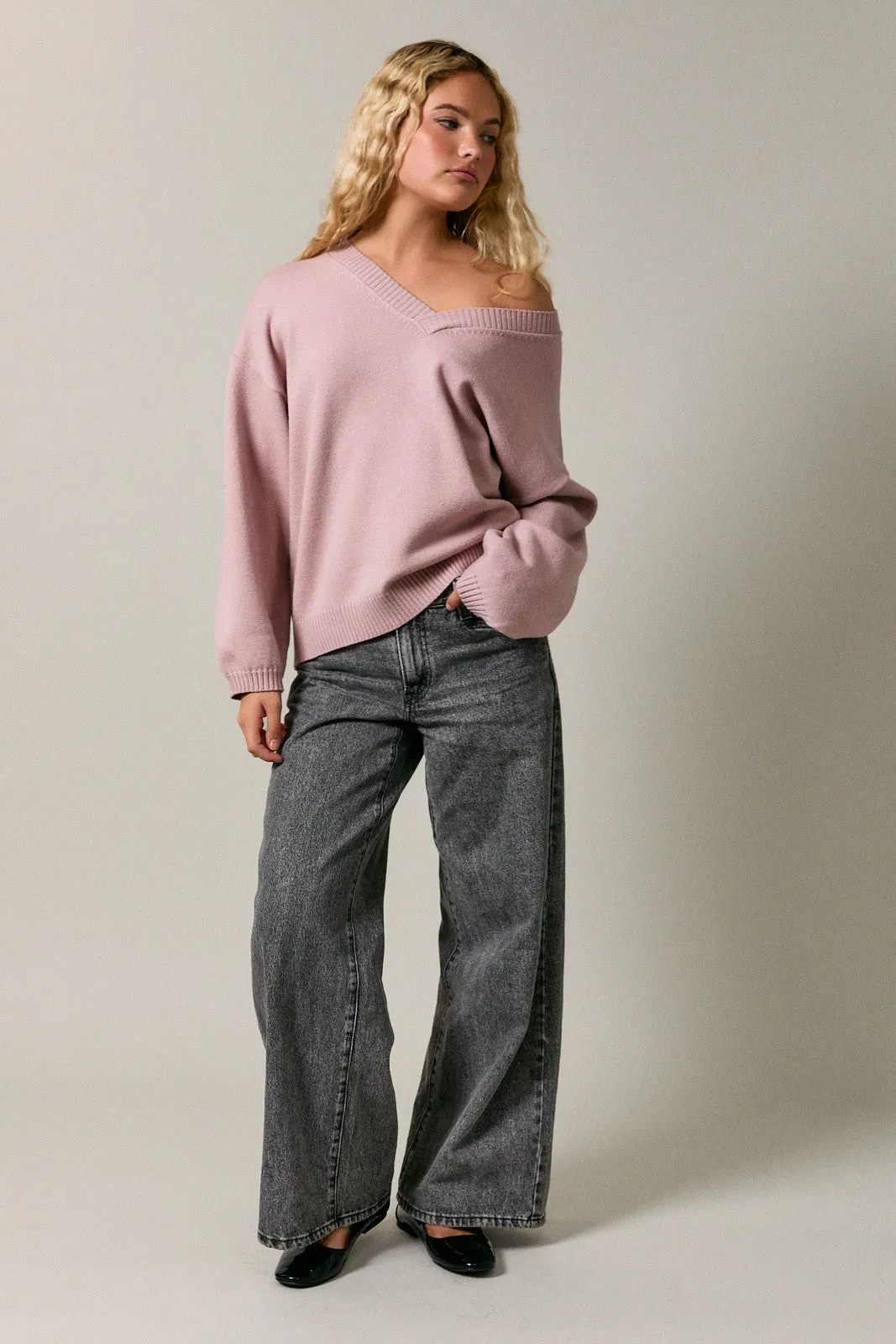 Dusty Pink V-Neck Drop Shoulder Sweater sold by Pinkblush product image thumbnail 4