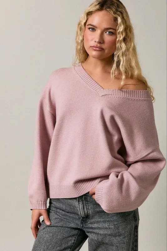 Dusty Pink V-Neck Drop Shoulder Sweater made by Le Lis