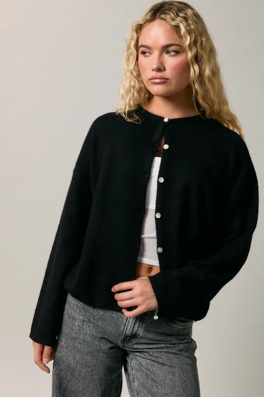 Black Classic Crew Neck Button Cardigan made by Le Lis