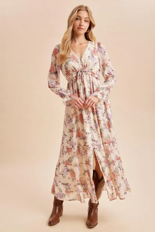 Cloud Floral Chiffon Button Down Maxi Dress made by Inloom