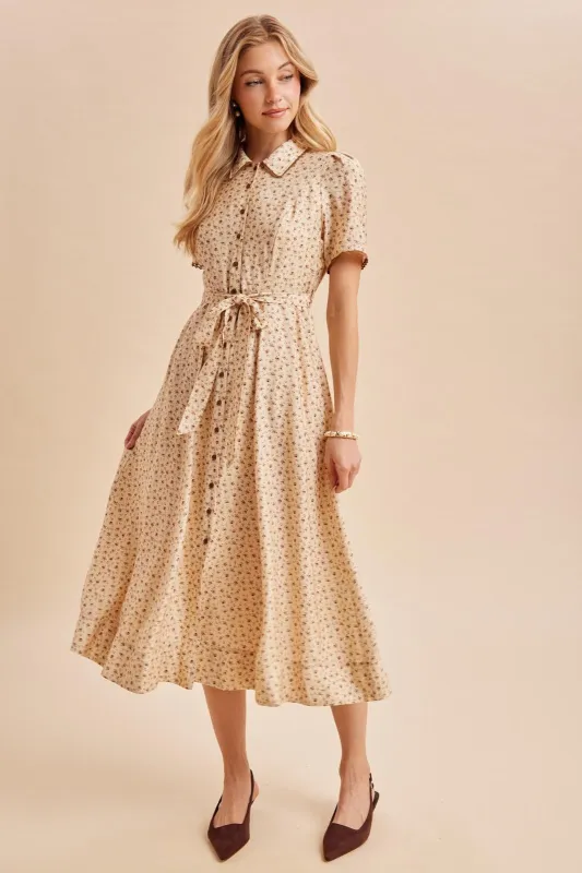 Buttercream Floral Button Down Tie Waist Midi Dress made by Inloom