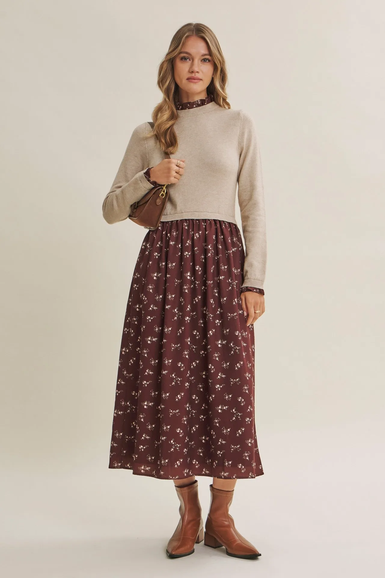 Mocha Floral Sweater Contrast Midi Dress sold by Pinkblush product image thumbnail 2