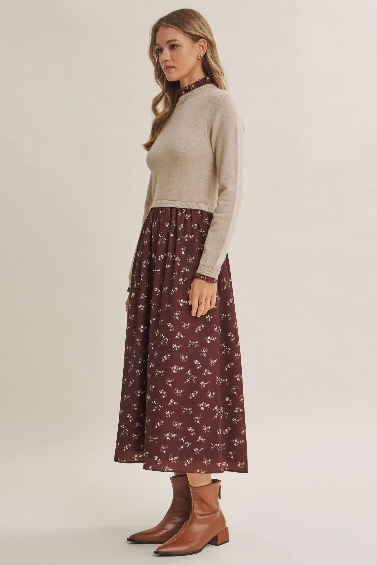 Mocha Floral Sweater Contrast Midi Dress sold by Pinkblush product image thumbnail 3