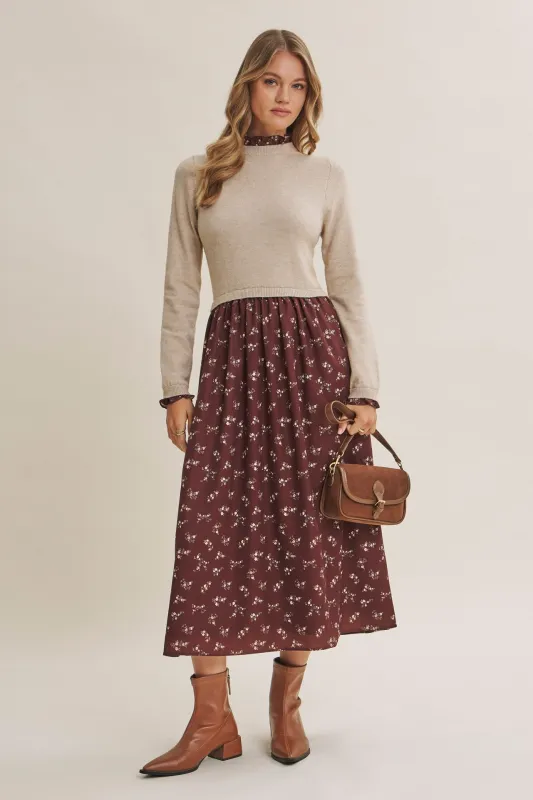 Mocha Floral Sweater Contrast Midi Dress made by In February