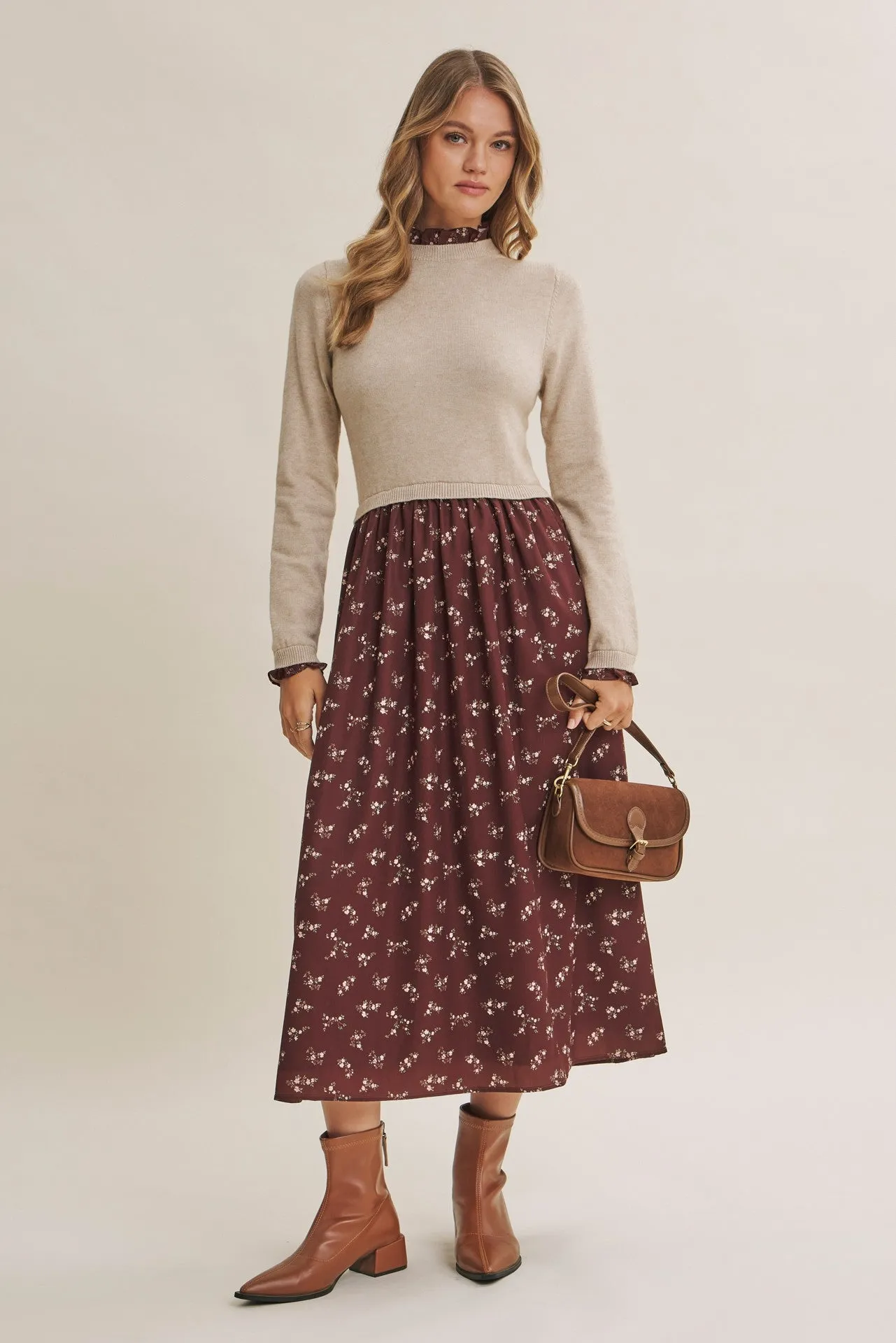 Mocha Floral Sweater Contrast Midi Dress sold by Pinkblush