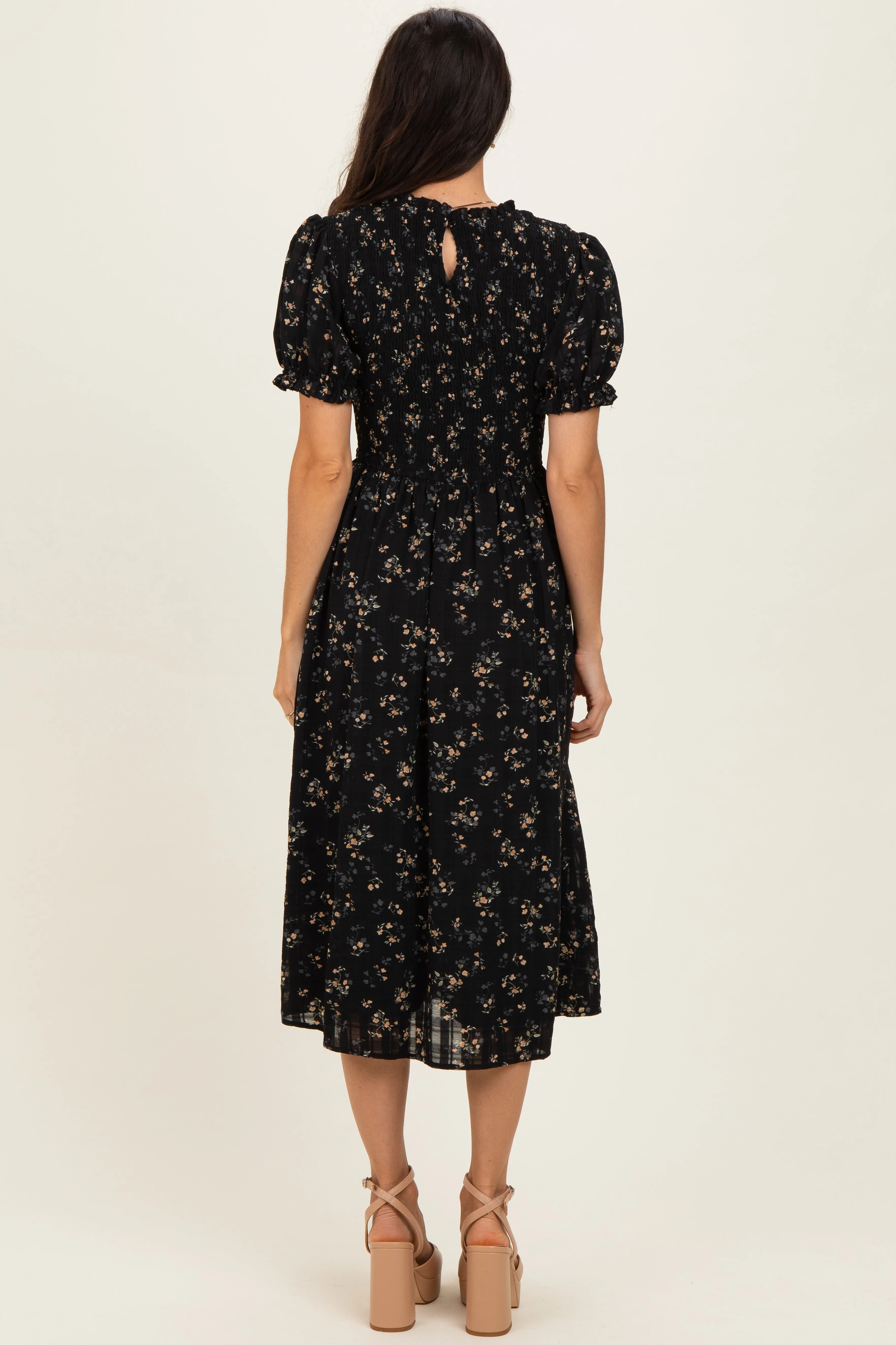 Black Floral Smocked Midi Dress sold by Pinkblush product image thumbnail 3