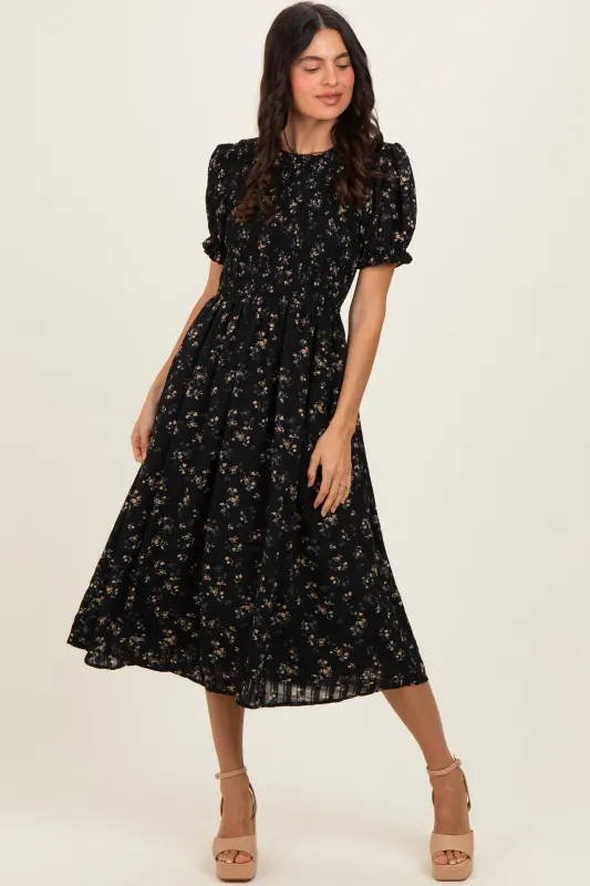 Black Floral Smocked Midi Dress made by Pinkblush