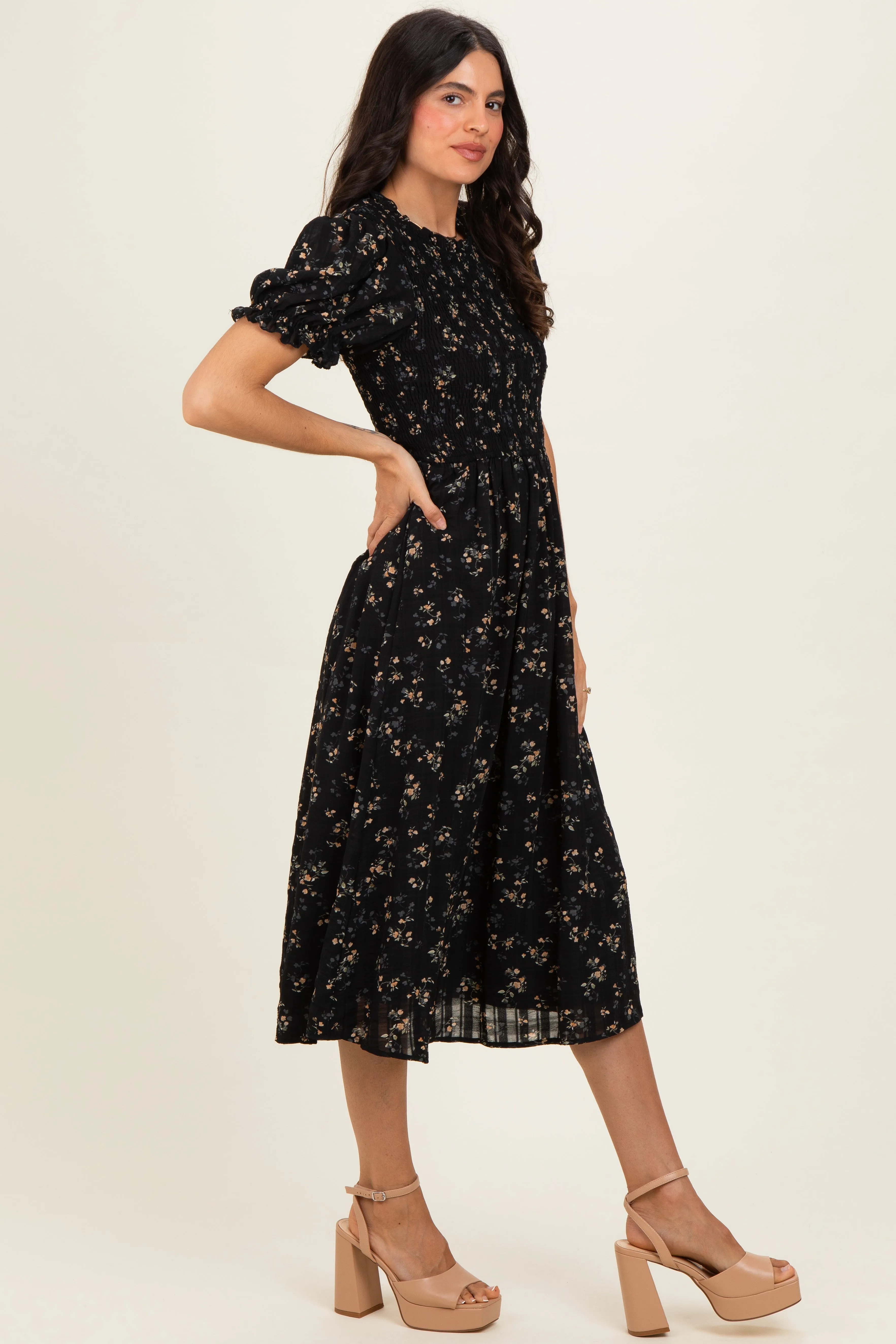 Black Floral Smocked Midi Dress sold by Pinkblush product image thumbnail 2