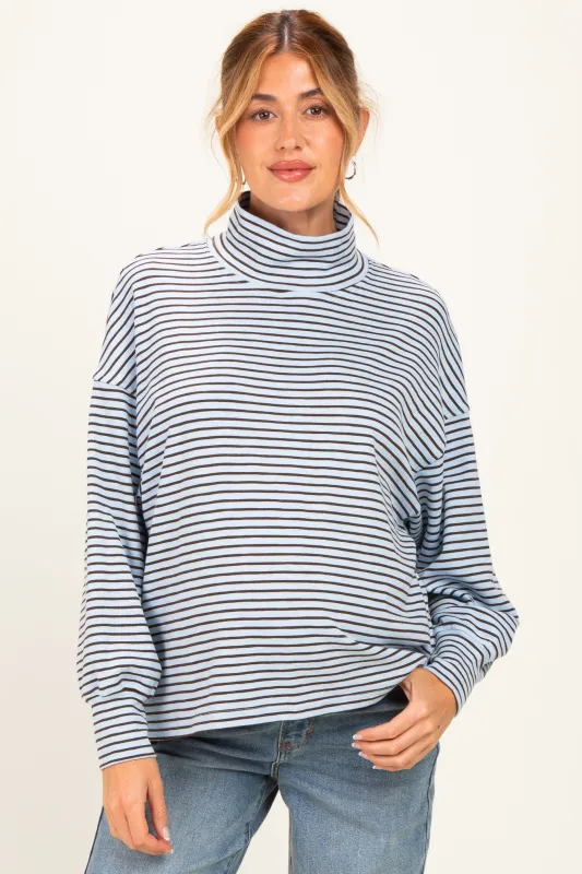 Light Blue Striped Mock Neck Oversized Maternity Top made by Le Lis