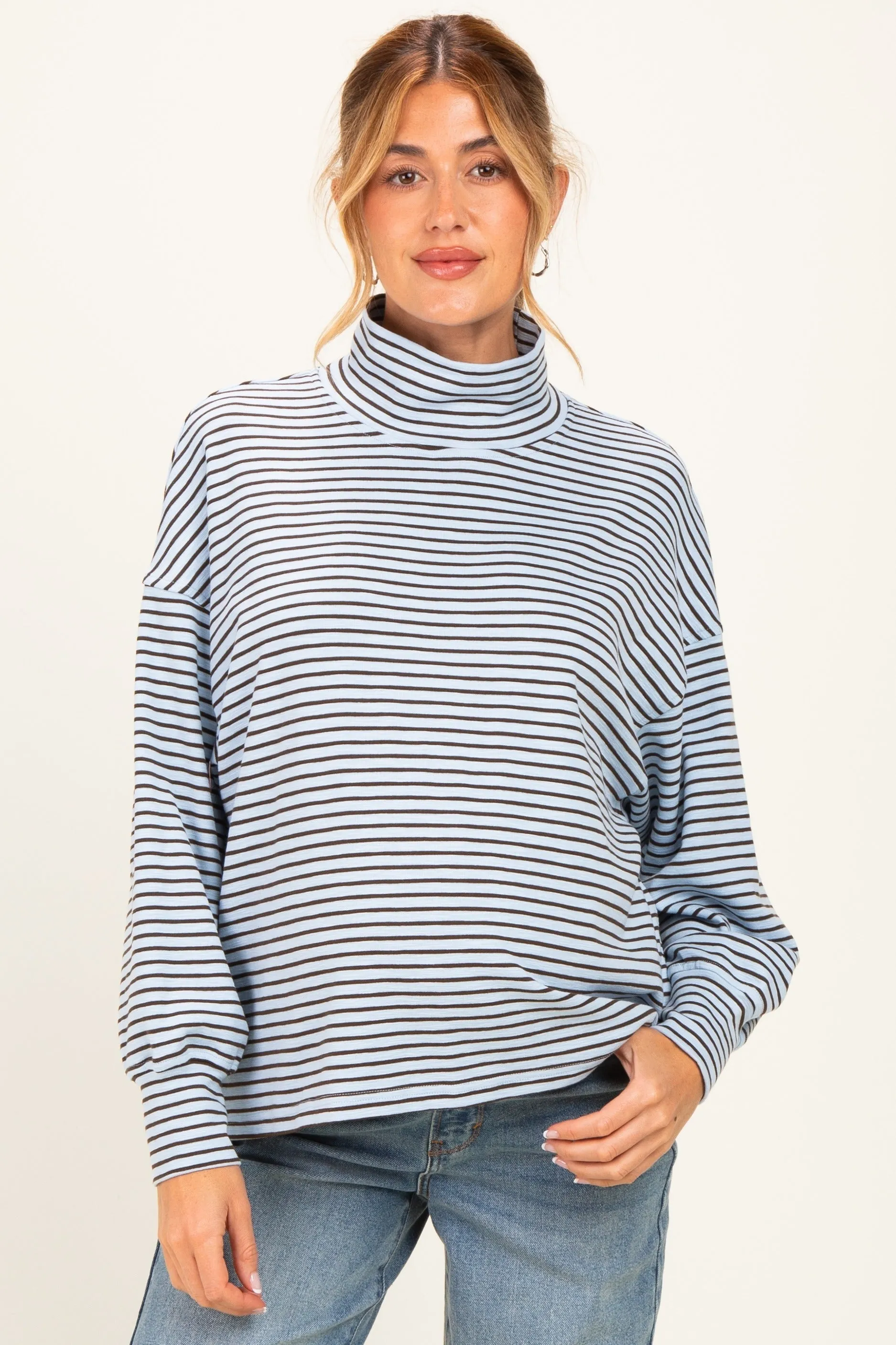 Light Blue Striped Mock Neck Oversized Maternity Top sold by Pinkblush