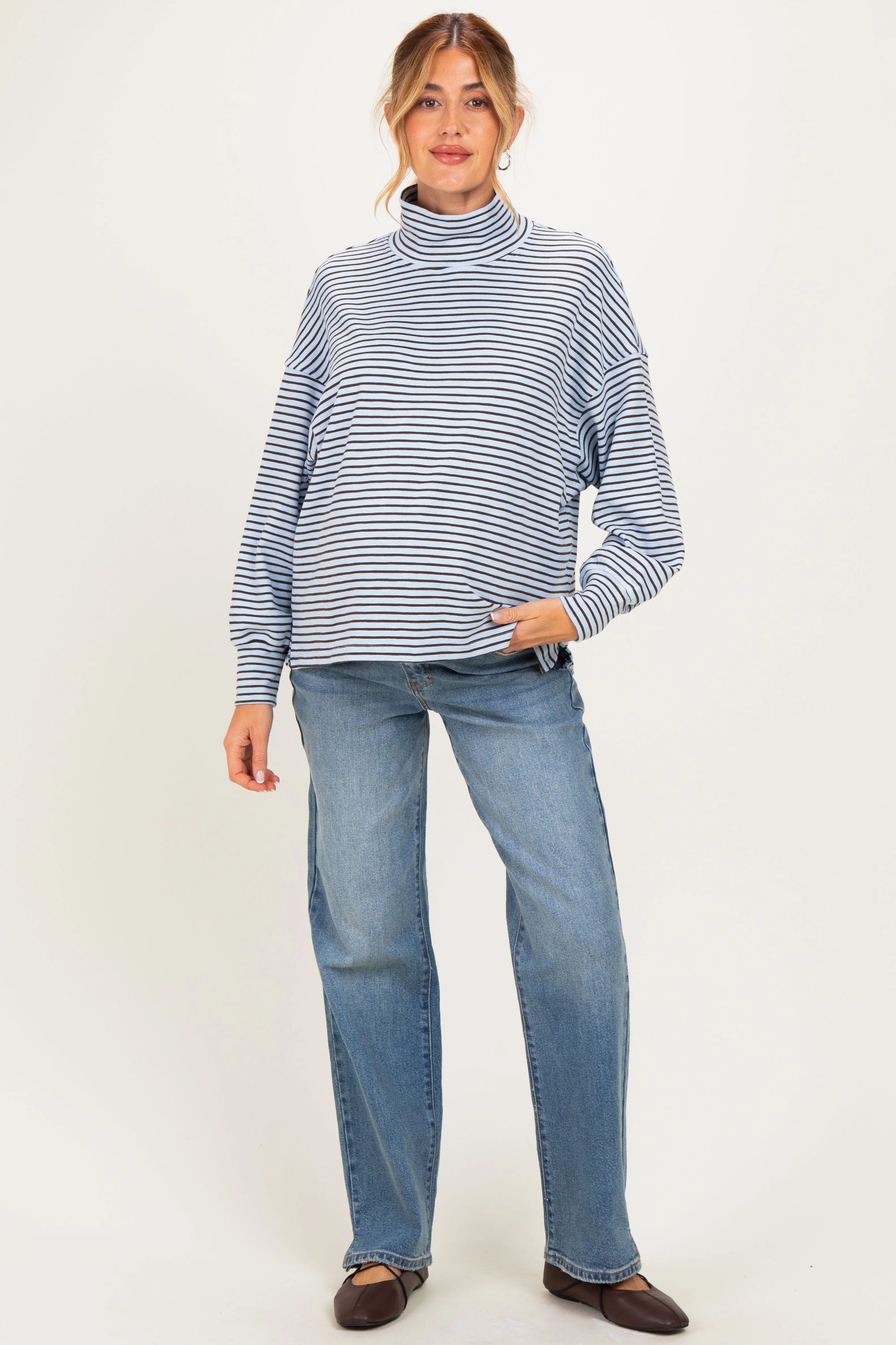 Light Blue Striped Mock Neck Oversized Maternity Top sold by Pinkblush product image thumbnail 2