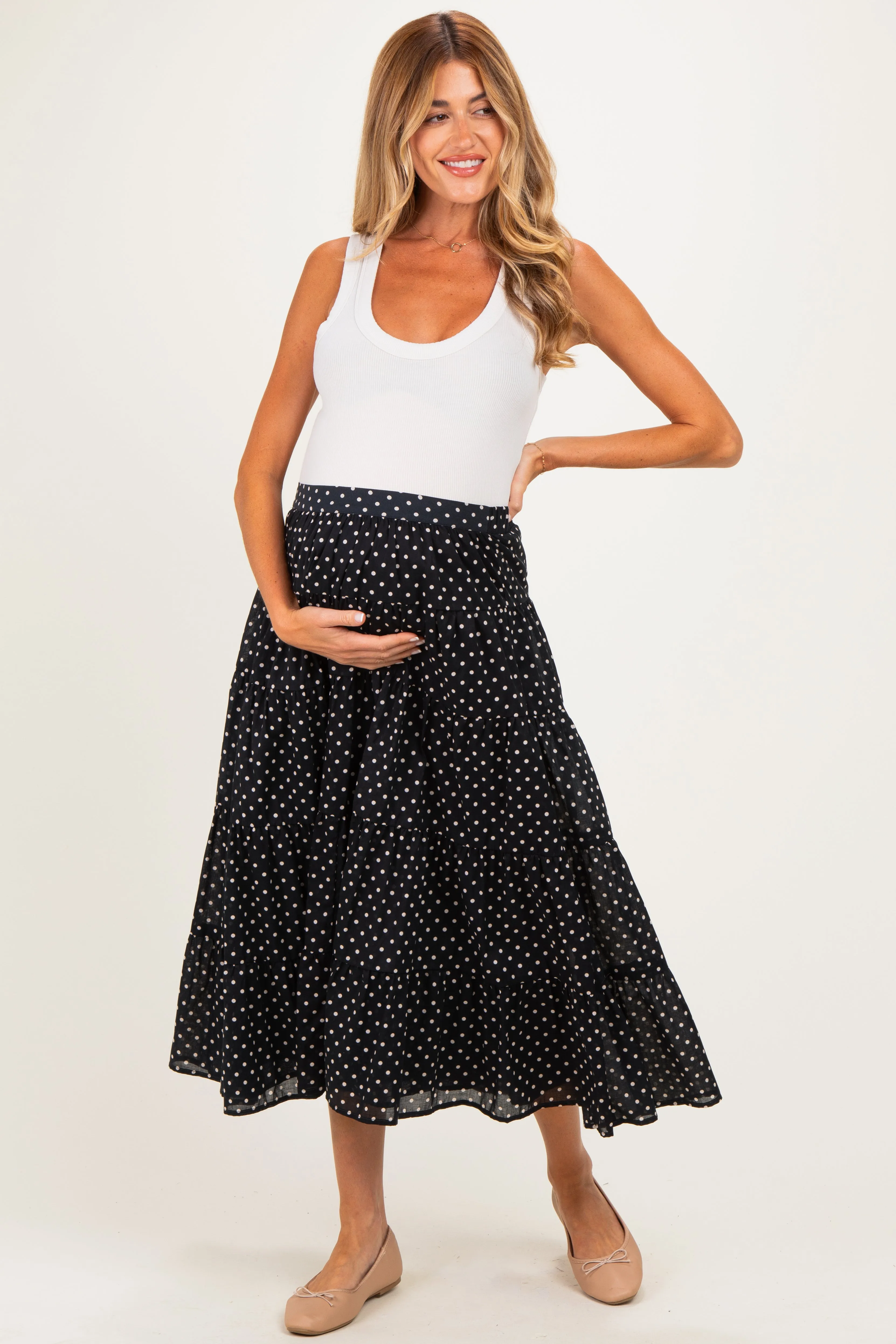 Black Polka Dot Tiered Maternity Maxi Skirt sold by Pinkblush product image thumbnail 2