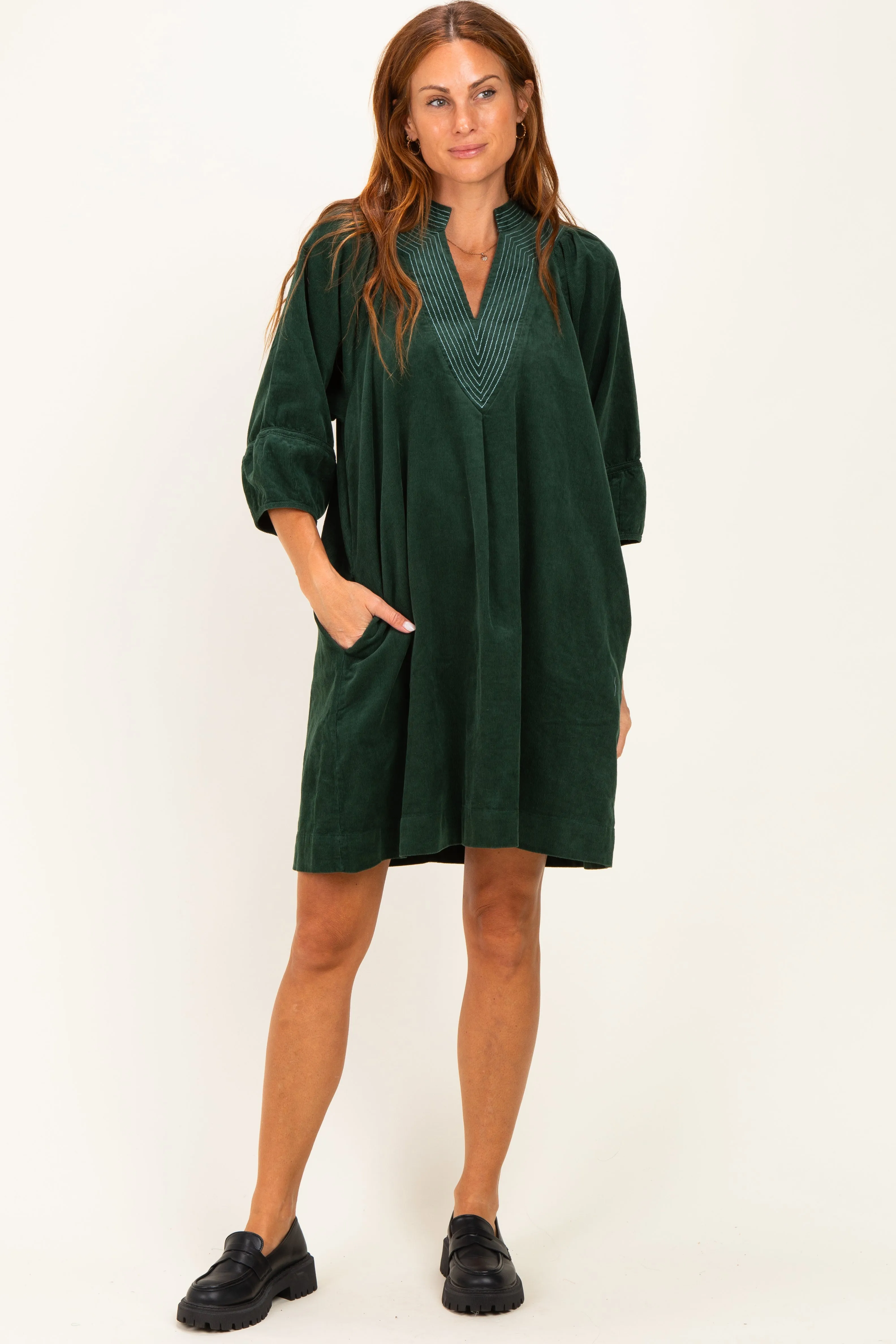 Forest Green Corduroy Contrast Stitched Maternity Dress sold by Pinkblush product image thumbnail 4
