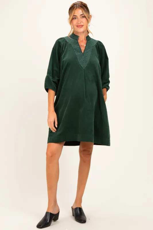 Forest Green Corduroy Contrast Stitched Maternity Dress made by Umgee