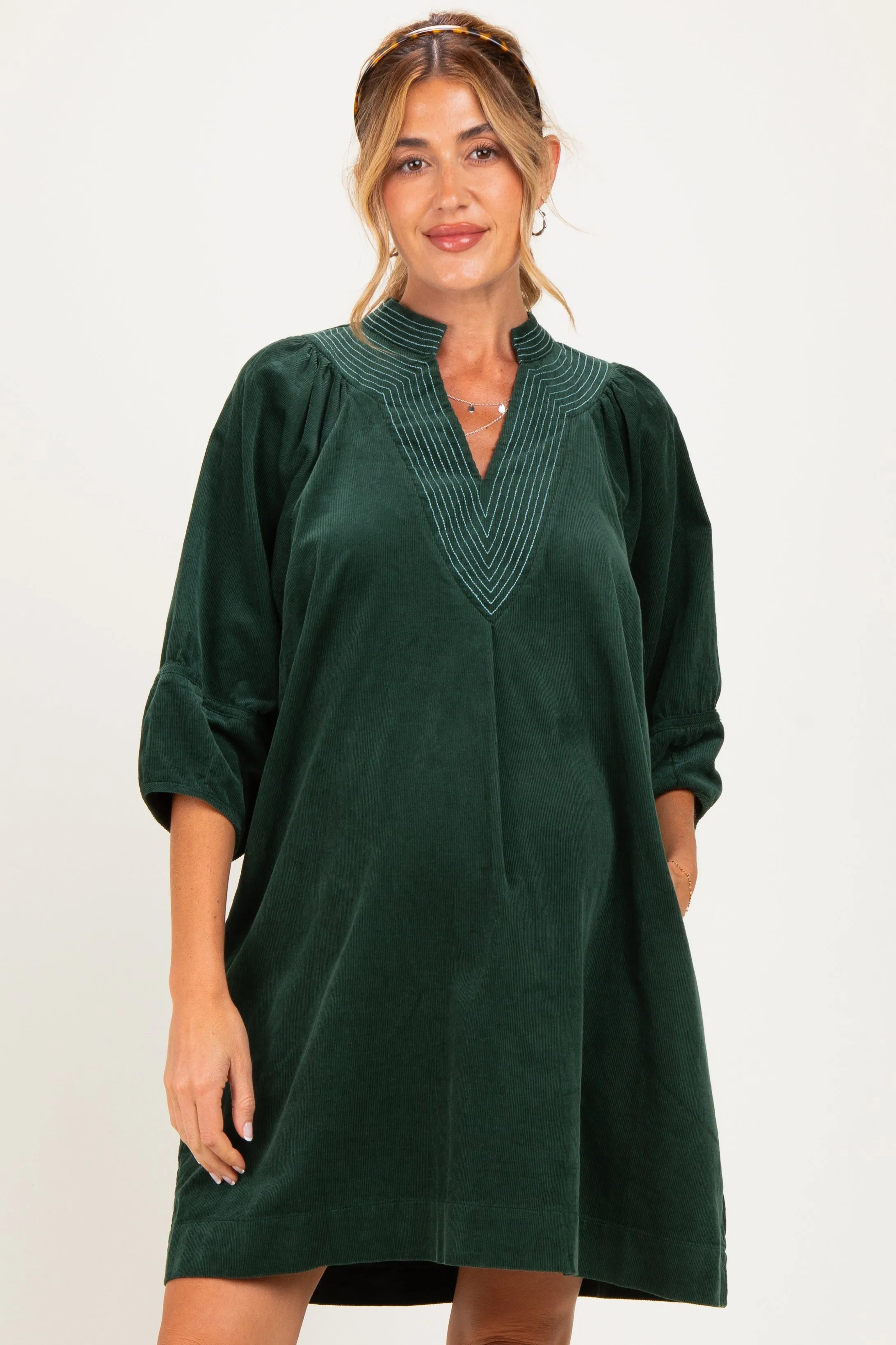 Forest Green Corduroy Contrast Stitched Maternity Dress sold by Pinkblush product image thumbnail 2