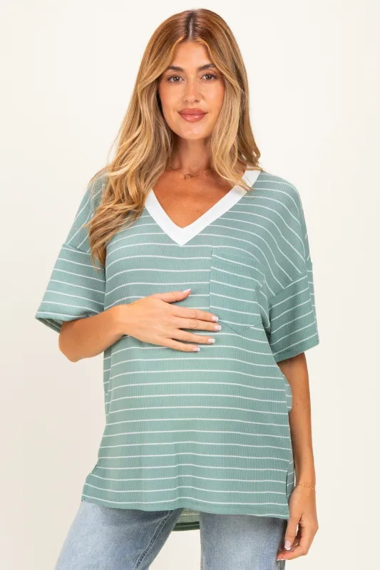 Mint Striped Short Sleeve V-Neck Maternity Top made by Pinkblush