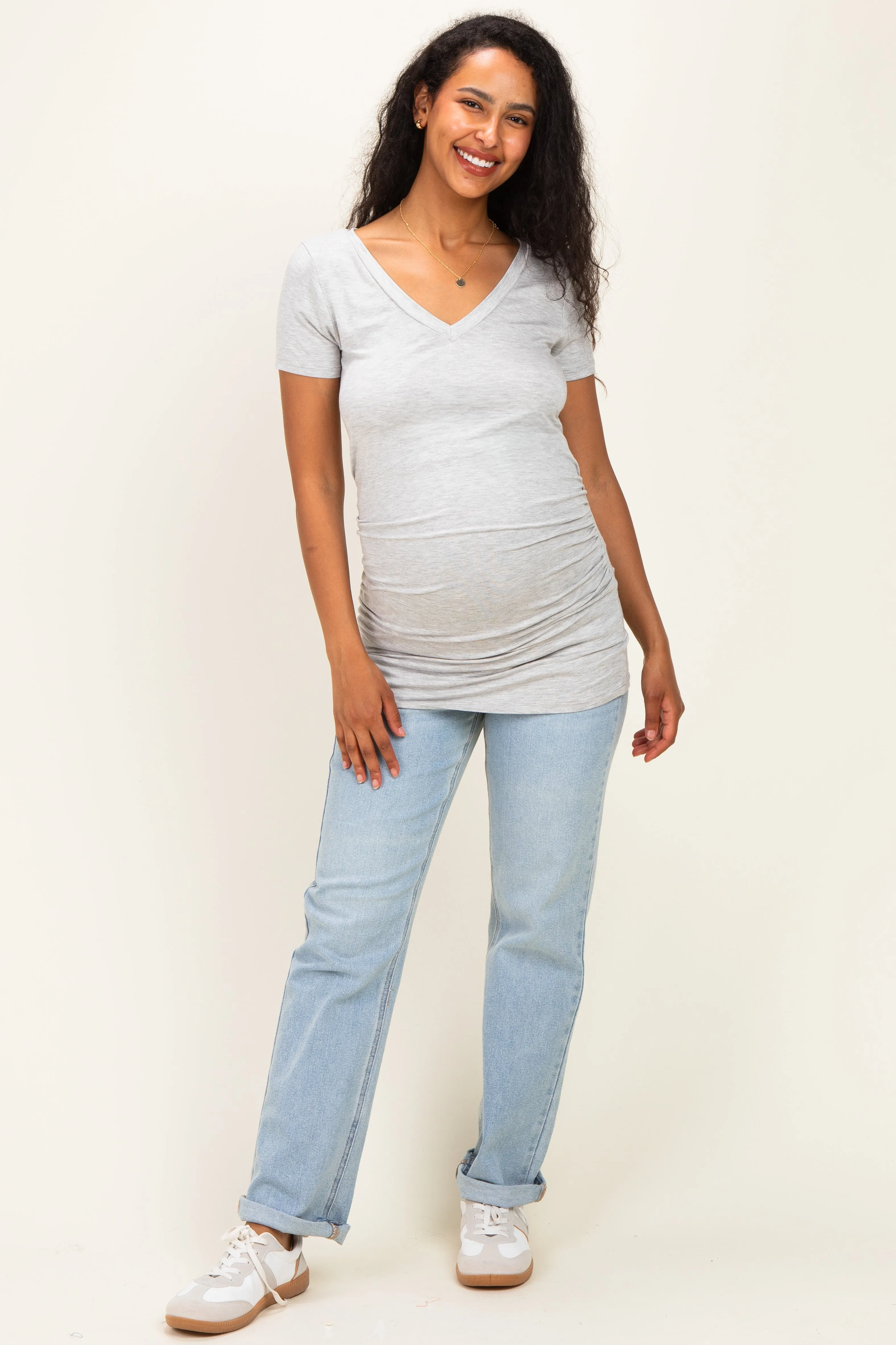 Heather Grey V-Neck Ruched Side Maternity Top sold by Pinkblush product image thumbnail 2