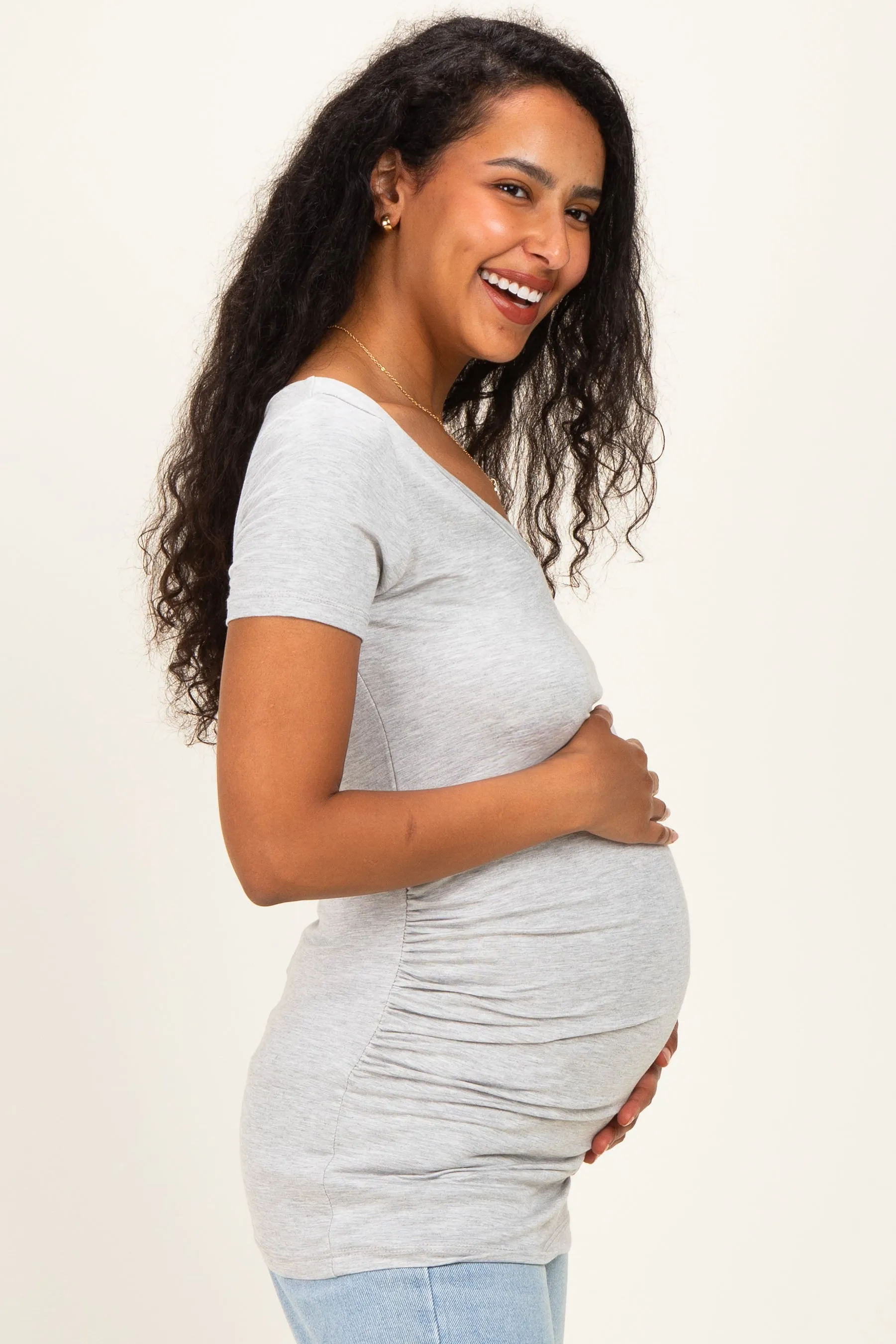 Heather Grey V-Neck Ruched Side Maternity Top sold by Pinkblush product image thumbnail 3