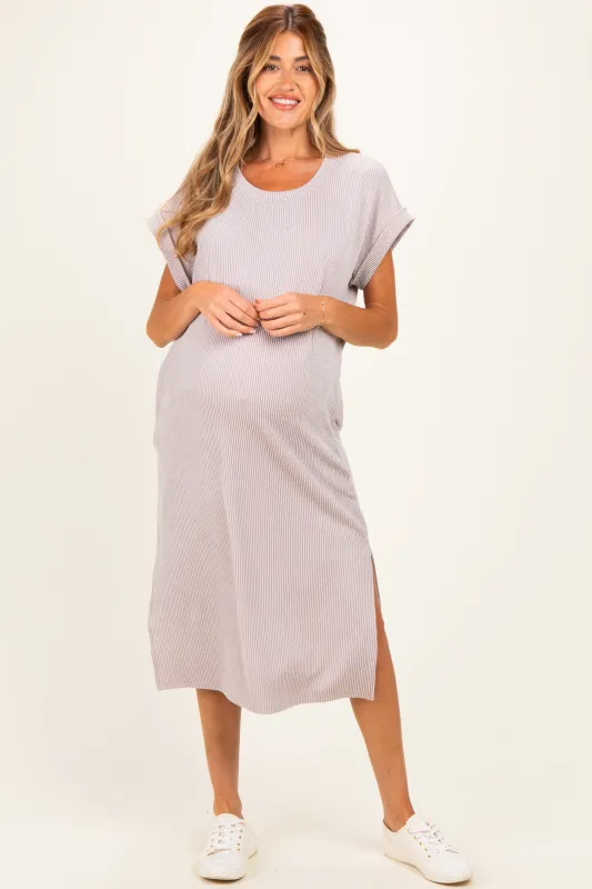 Beige Short Sleeve Ribbed Maternity Maxi Dress made by Pinkblush