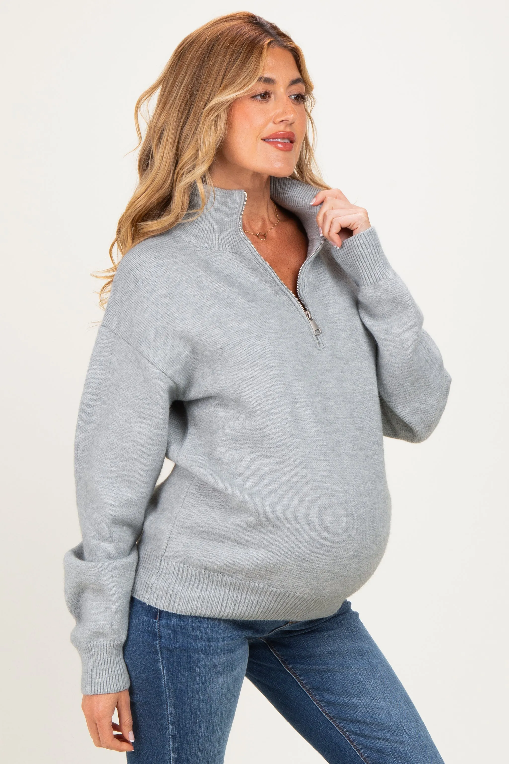 Grey Half Zip Mock Neck Maternity Sweater sold by Pinkblush product image thumbnail 3