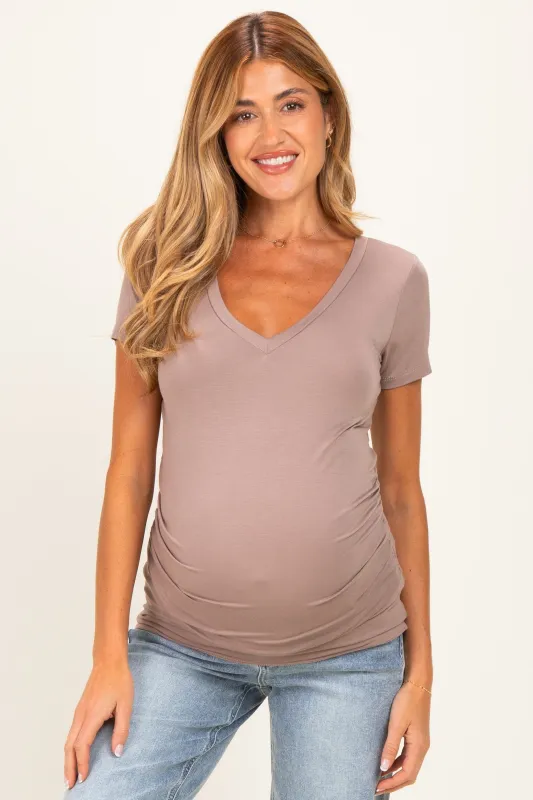 Mocha V-Neck Ruched Side Maternity Top made by Pinkblush