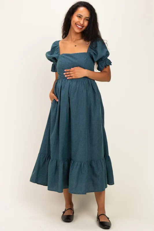 Deep Teal Gingham Square Neck Maternity Midi Dress made by Inloom