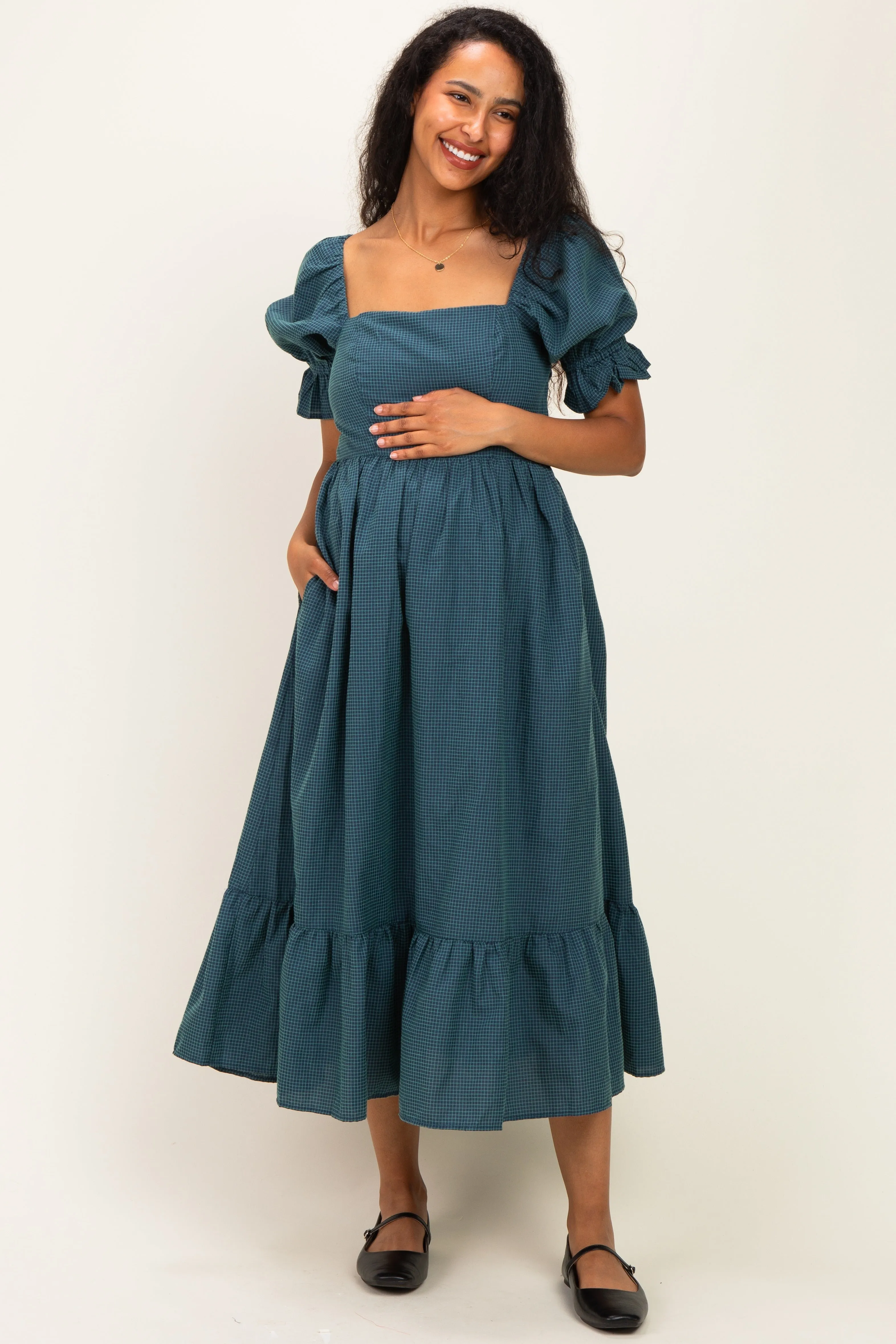 Deep Teal Gingham Square Neck Maternity Midi Dress sold by Pinkblush