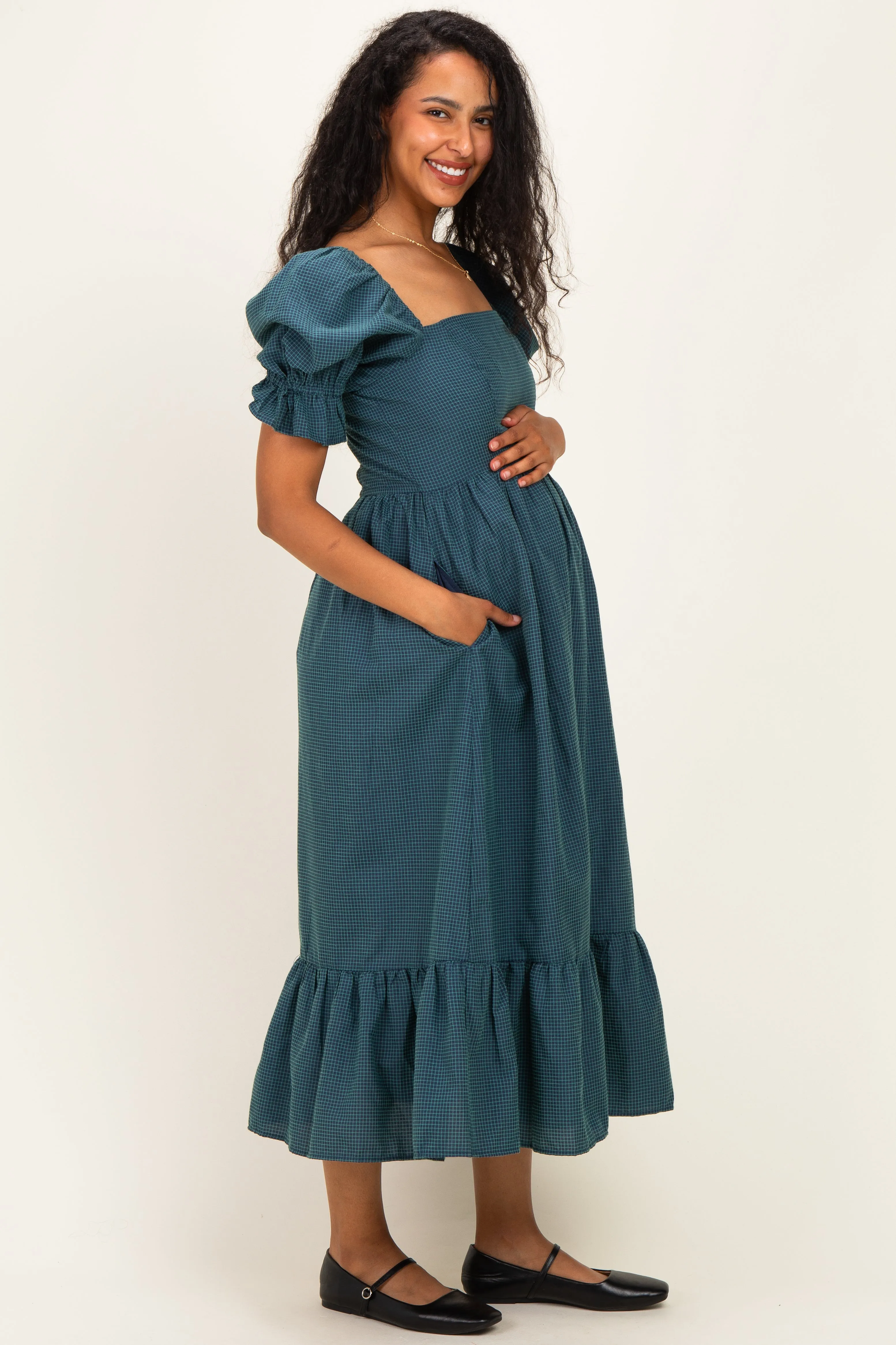 Deep Teal Gingham Square Neck Maternity Midi Dress sold by Pinkblush product image thumbnail 2