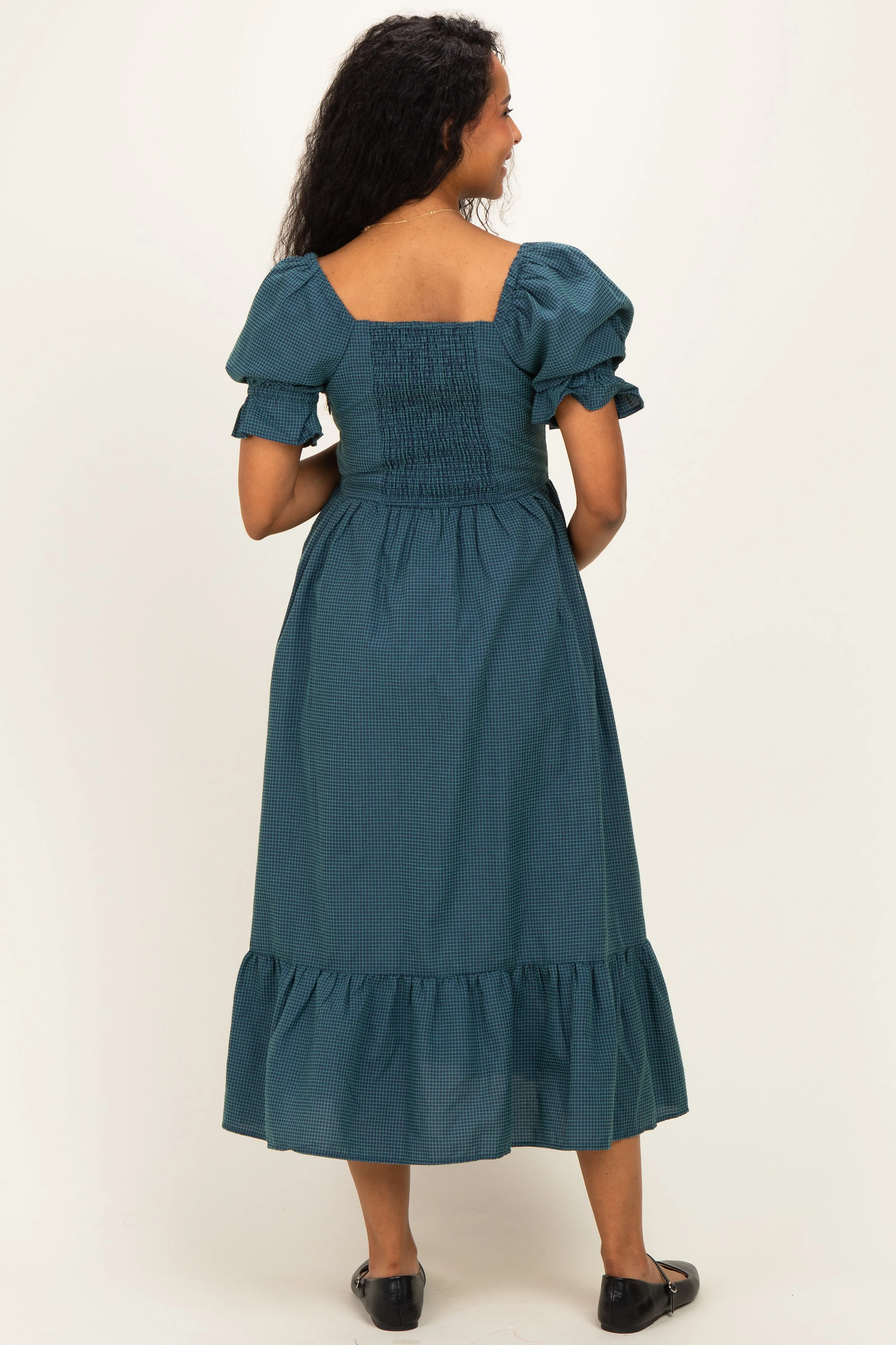 Deep Teal Gingham Square Neck Maternity Midi Dress sold by Pinkblush product image thumbnail 3