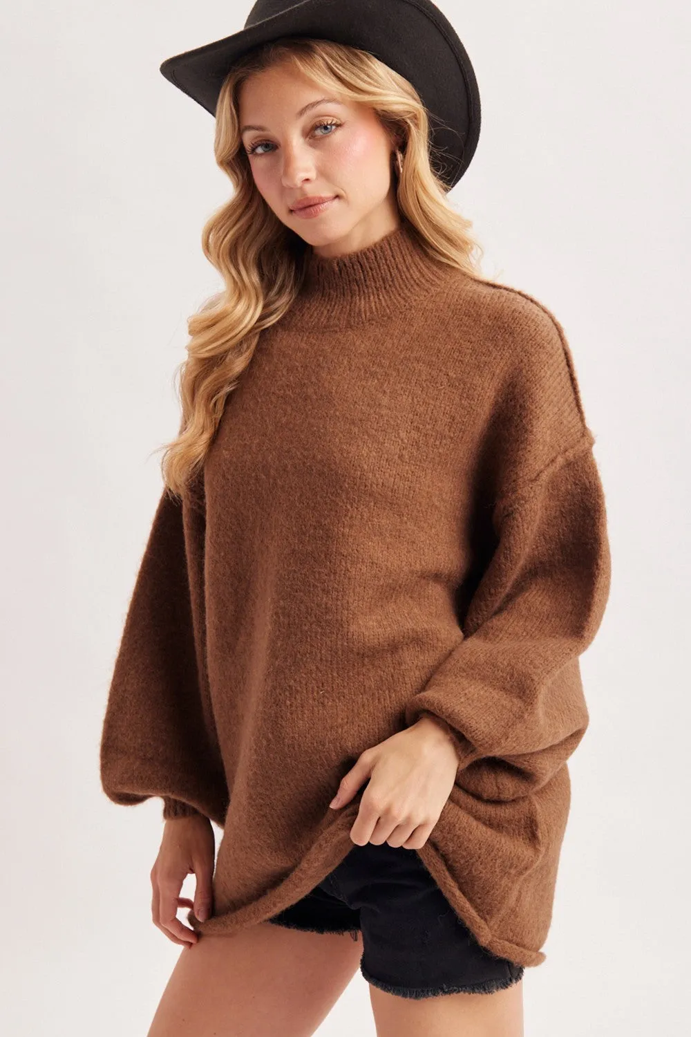 Mocha Oversized Mock Neck Tunic Sweater sold by Pinkblush product image thumbnail 3