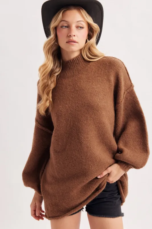 Mocha Oversized Mock Neck Tunic Sweater made by Bluivy