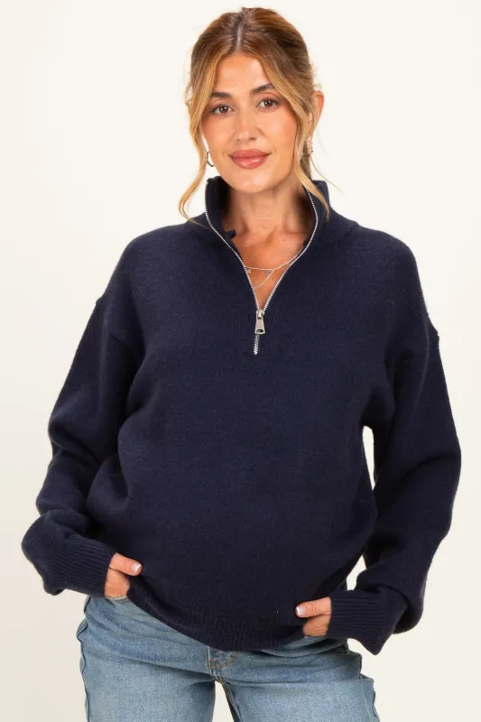Navy Half Zip Mock Neck Maternity Sweater made by Mimosa