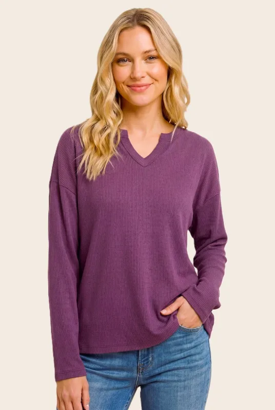 Plum Split Neck Oversized Brushed Knit Top made by Staccato