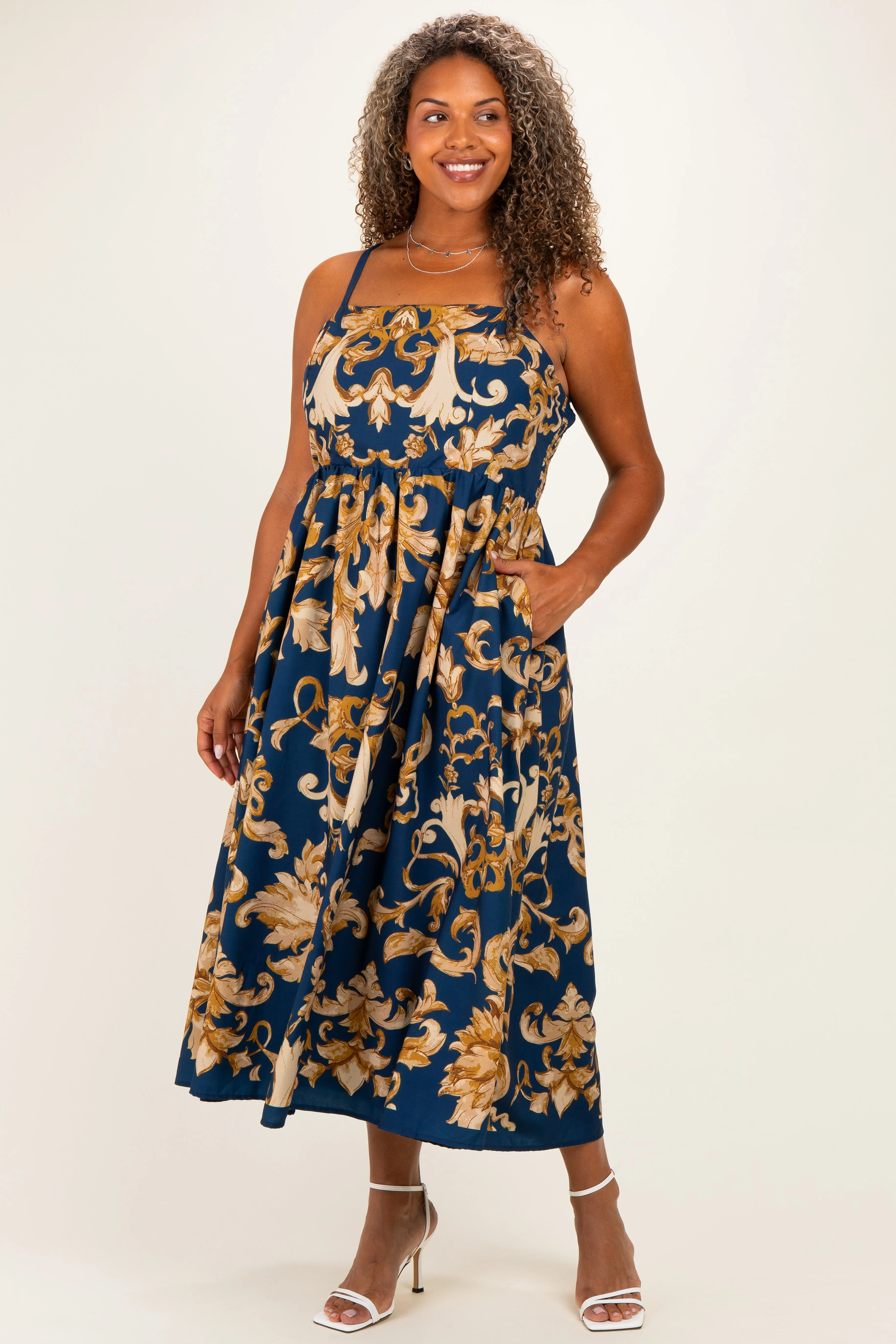Dark Teal Damask Sleeveless Plus Maxi Dress sold by Pinkblush product image thumbnail 2