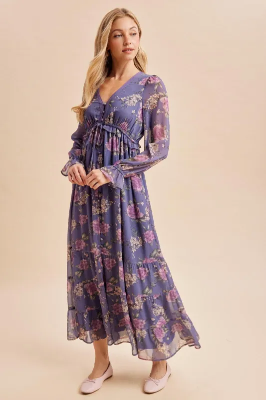 Plum Floral Chiffon Button Down Maxi Dress made by Inloom