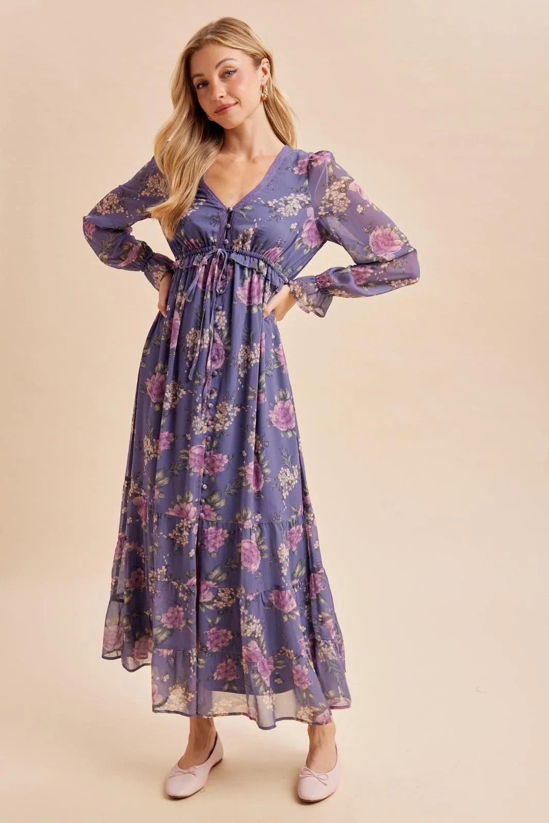 Plum Floral Chiffon Button Down Maxi Dress sold by Pinkblush product image thumbnail 2