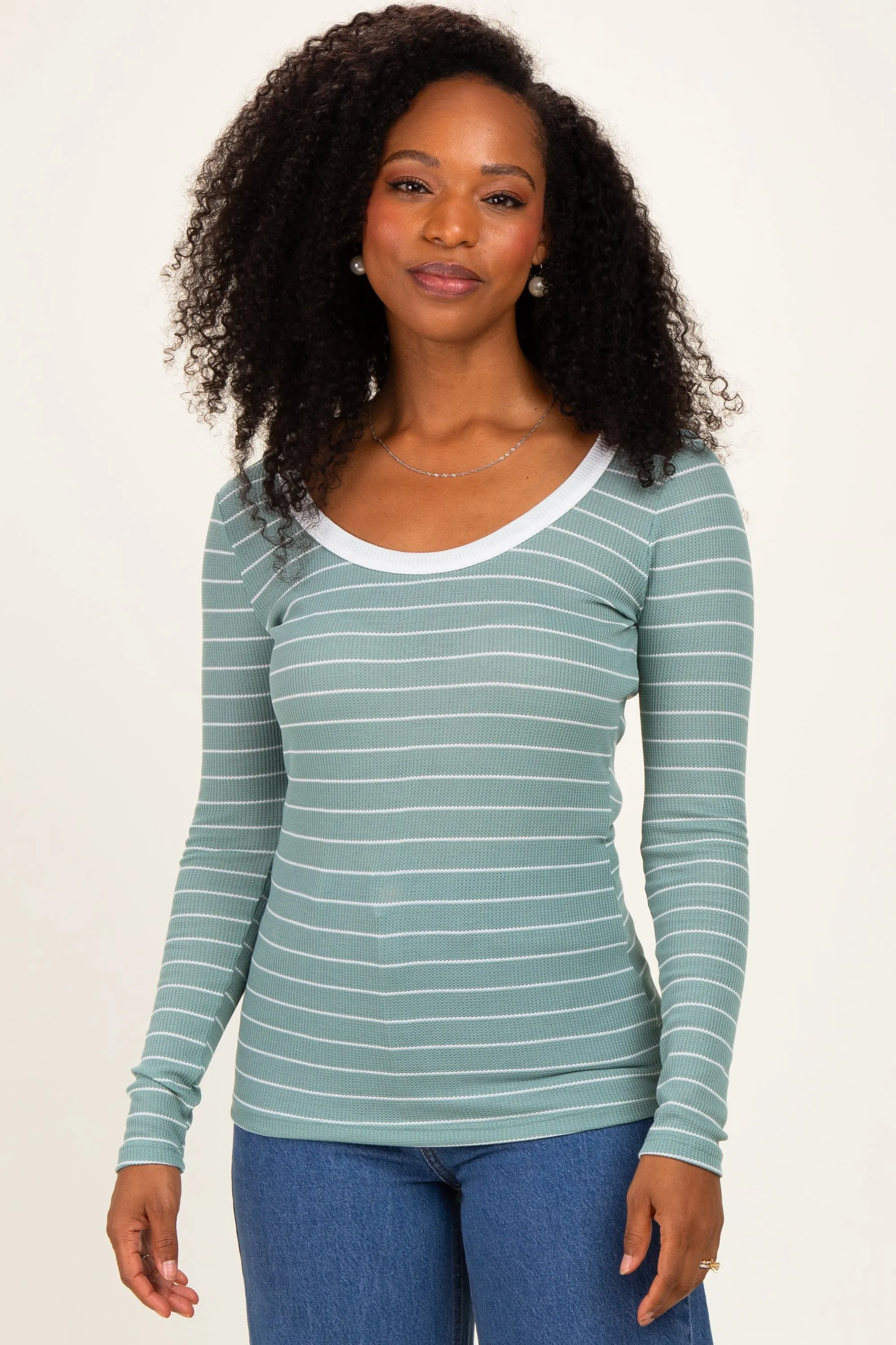 Mint Striped Long Sleeve Scoop Neck Top sold by Pinkblush