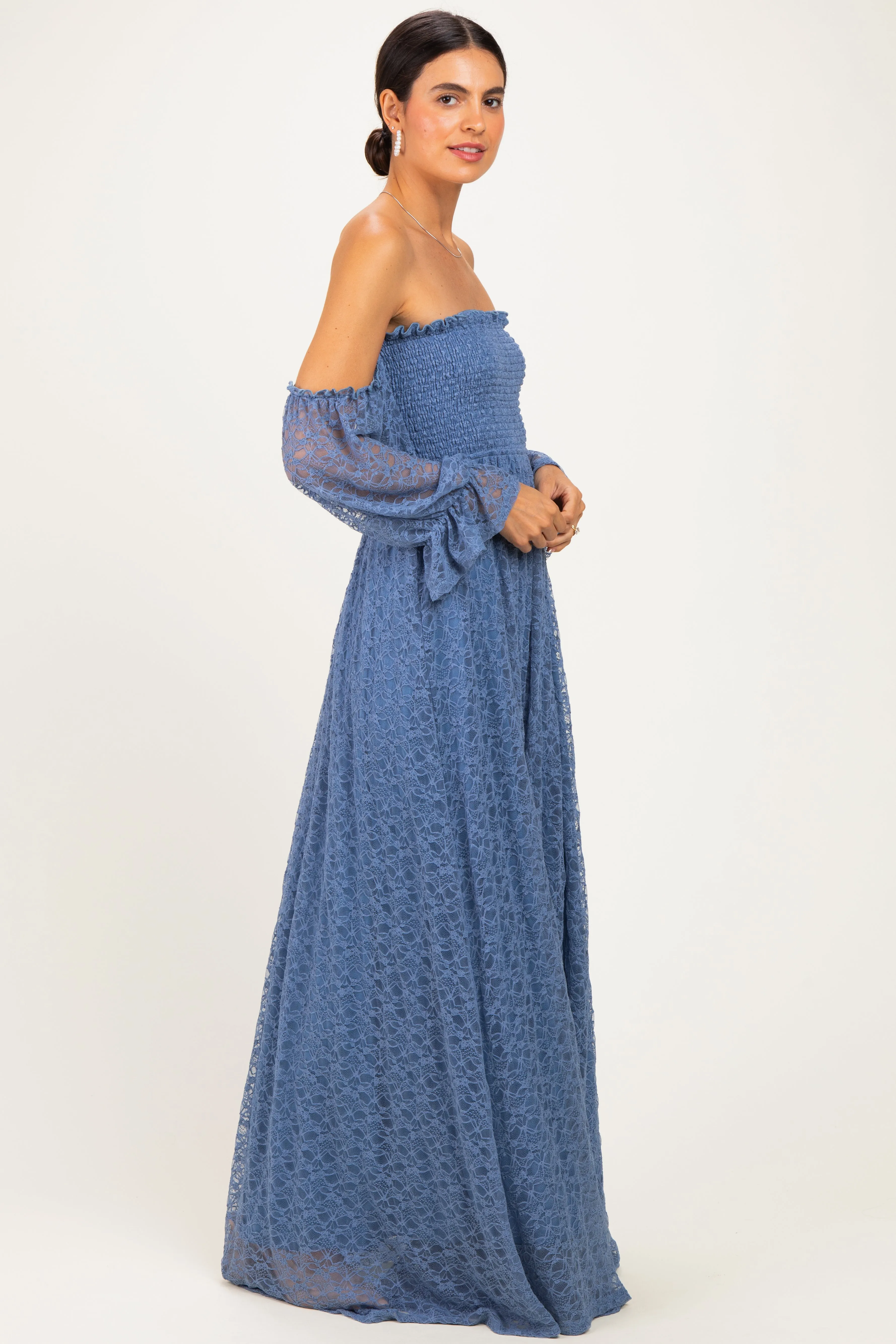 Light Blue Lace Off Shoulder Long Sleeve Dress sold by Pinkblush product image thumbnail 2