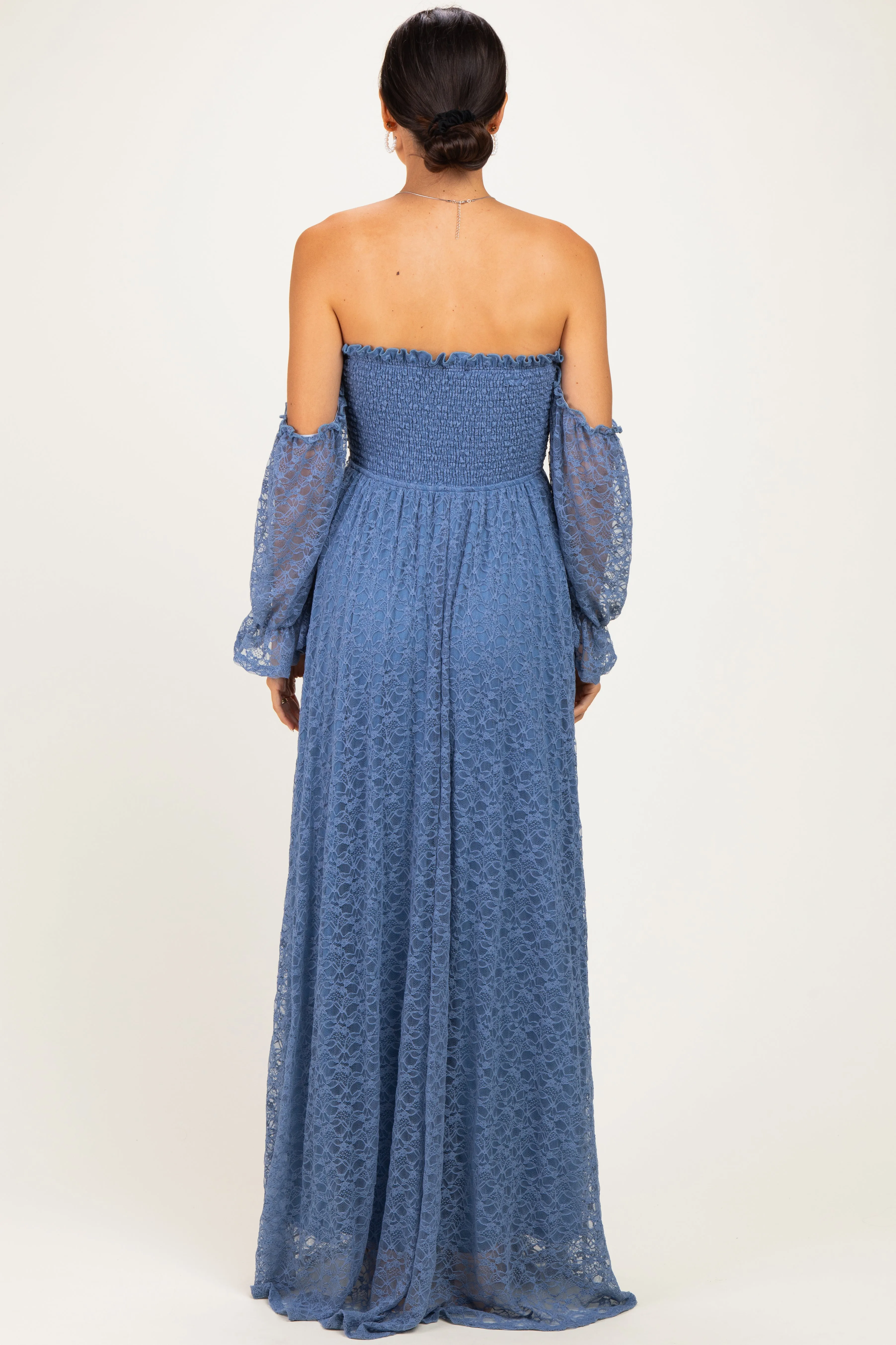 Light Blue Lace Off Shoulder Long Sleeve Dress sold by Pinkblush product image thumbnail 3
