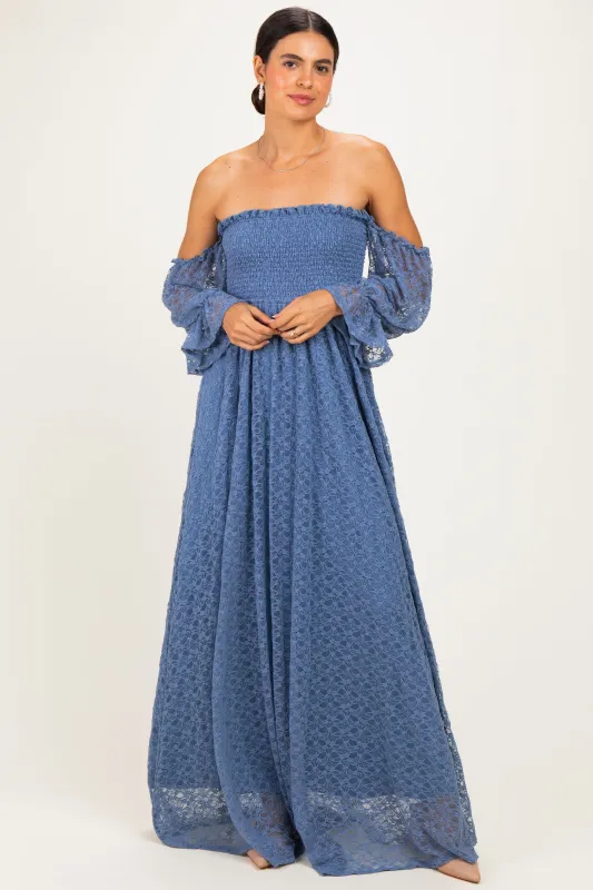 Light Blue Lace Off Shoulder Long Sleeve Dress made by Pinkblush