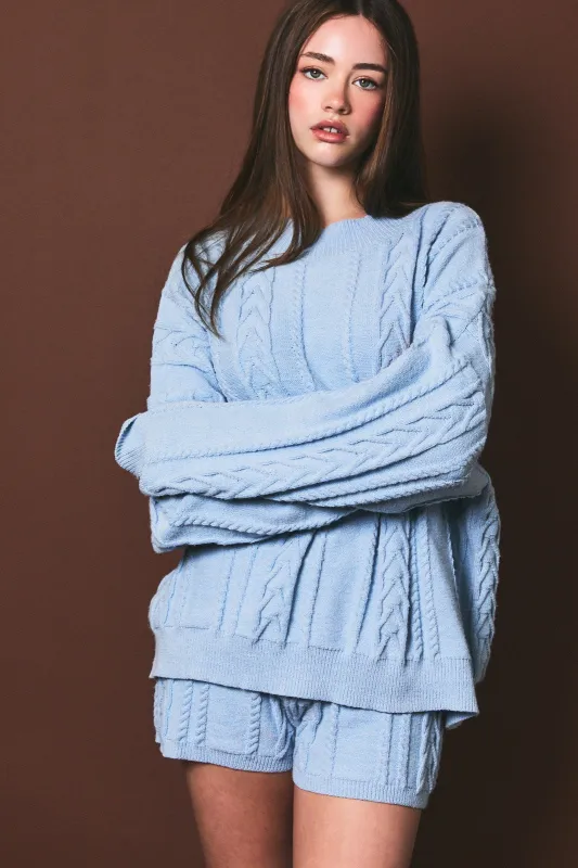 Light Blue Oversized Cable Knit Sweater made by Le Lis