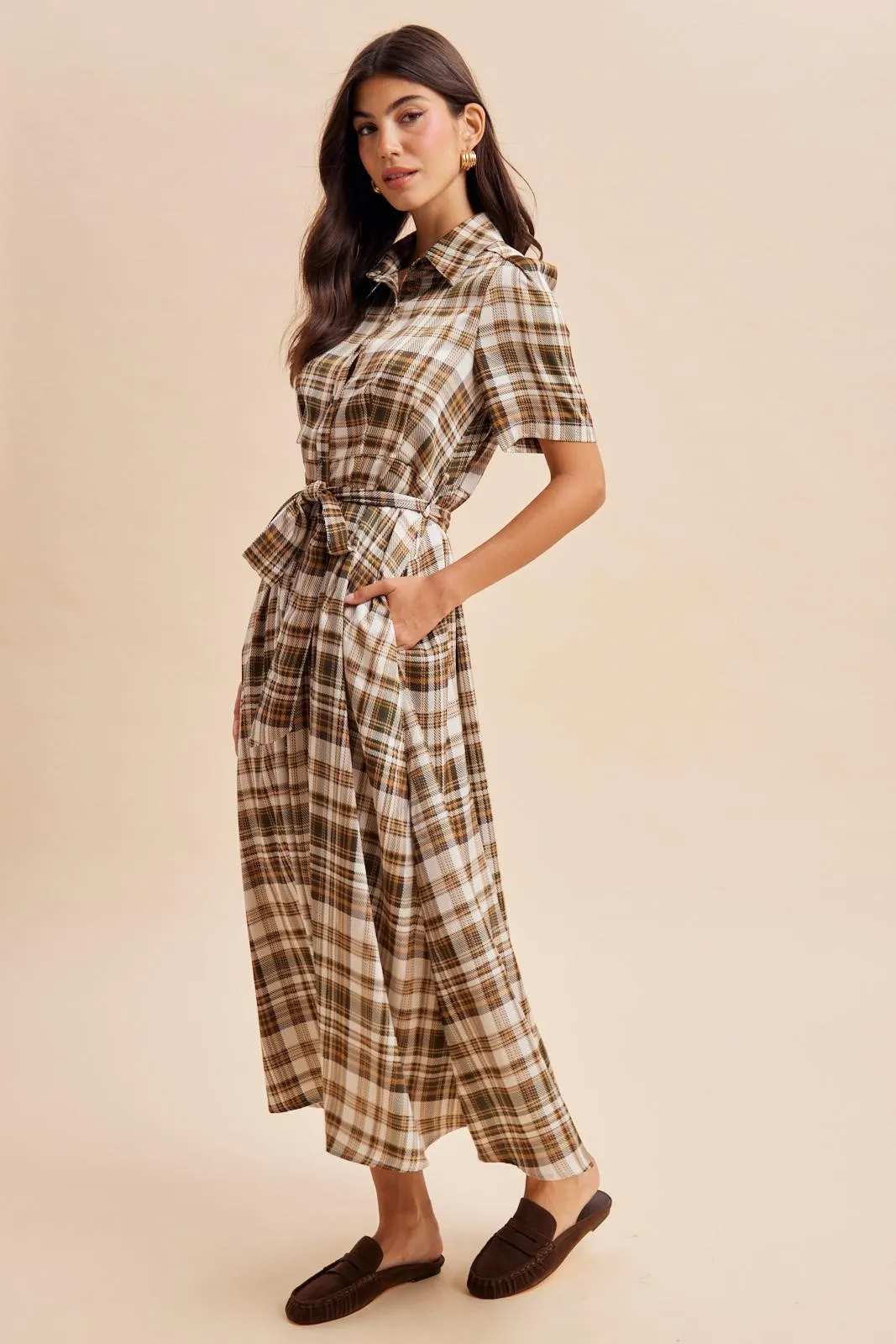Dark Olive Plaid Button Down Midi Dress sold by Pinkblush product image thumbnail 2