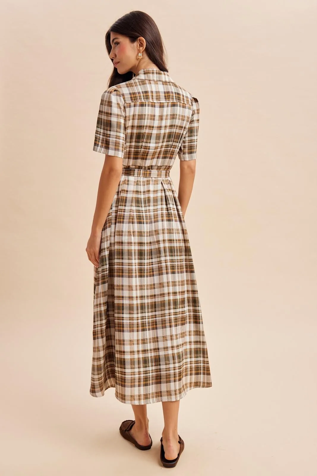 Dark Olive Plaid Button Down Midi Dress sold by Pinkblush product image thumbnail 3