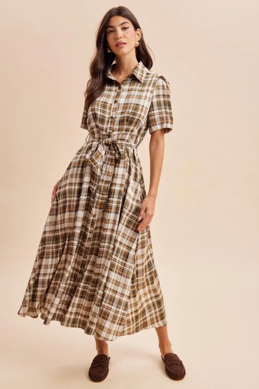 Dark Olive Plaid Button Down Midi Dress made by Inloom