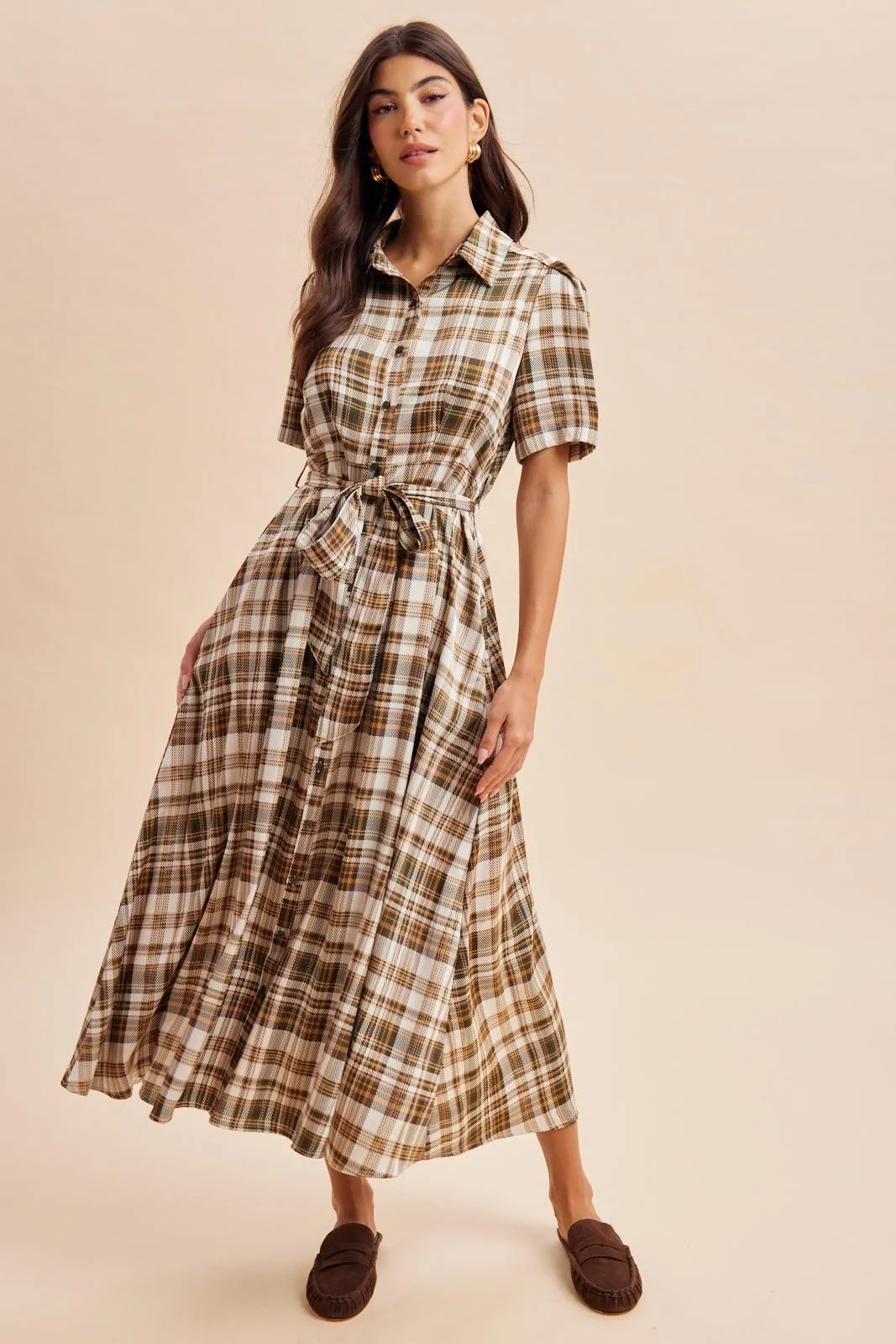 Dark Olive Plaid Button Down Midi Dress sold by Pinkblush